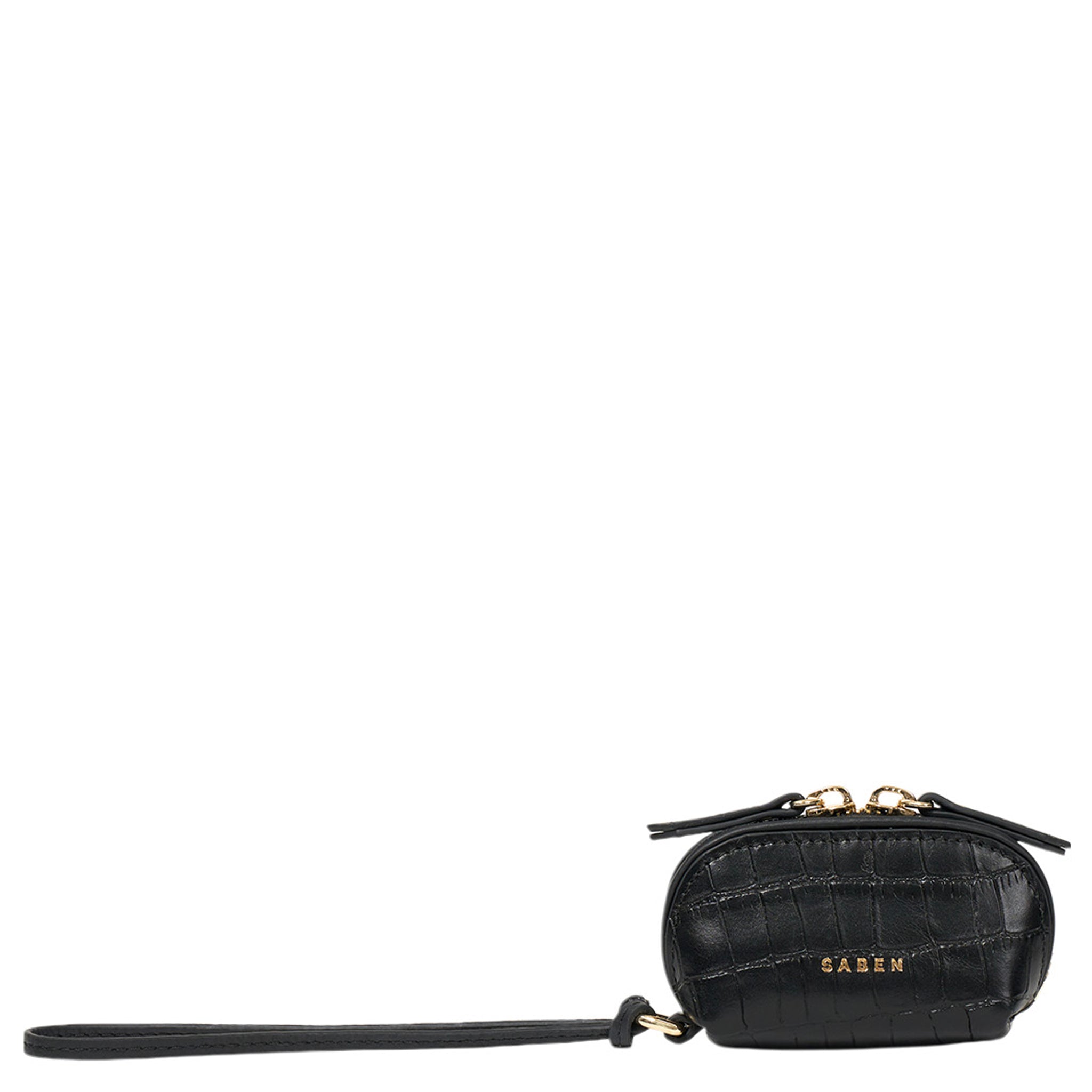 Black crocodile-patterned handbag with a gold zipper on a white background
