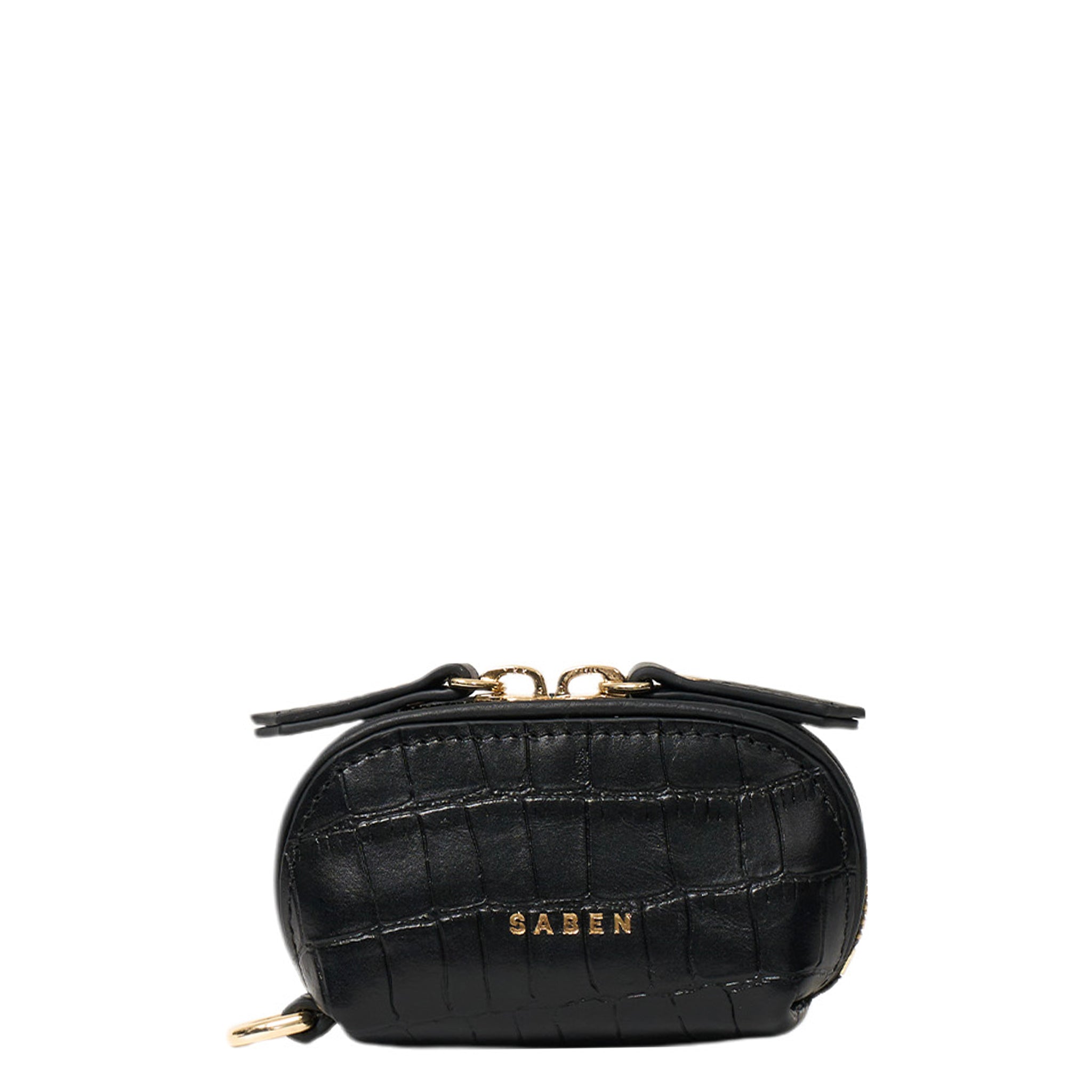 Black crocodile-patterned purse with gold accents on a white background