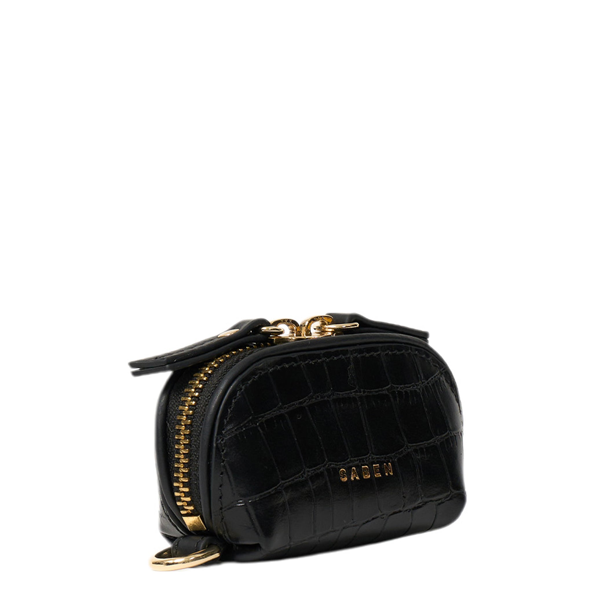 Black crocodile-patterned purse with gold zipper and 'GABOR' branding on a white background