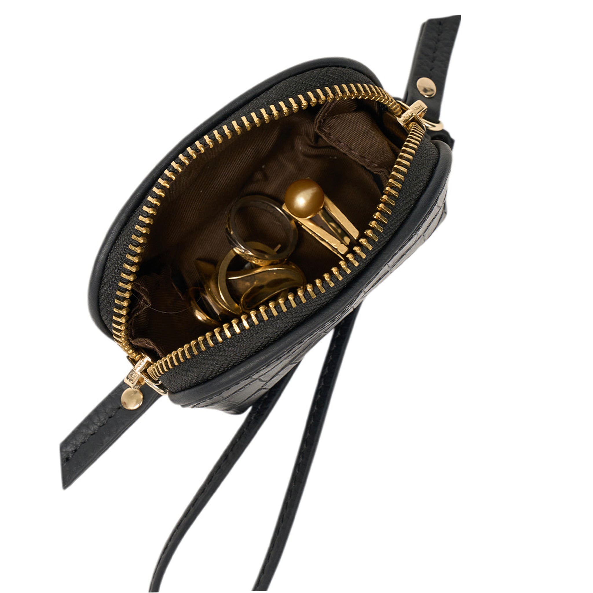 Black handbag with gold zipper and interior details on a white background