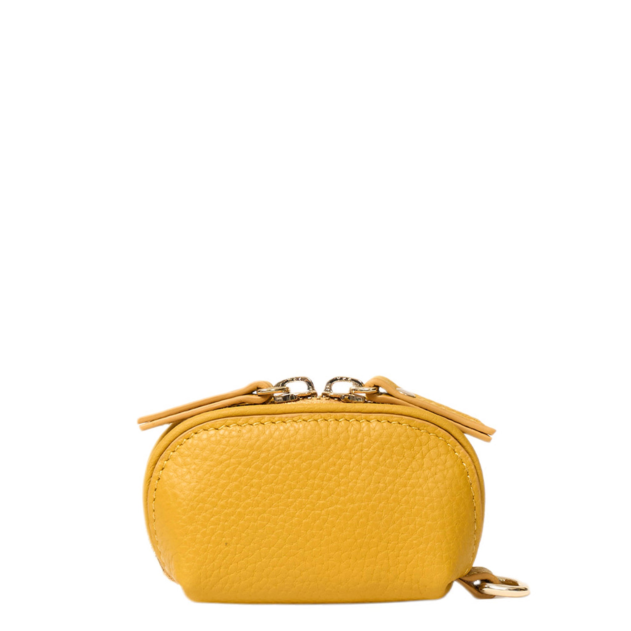 Yellow leather pouch with a gold zipper on a white background