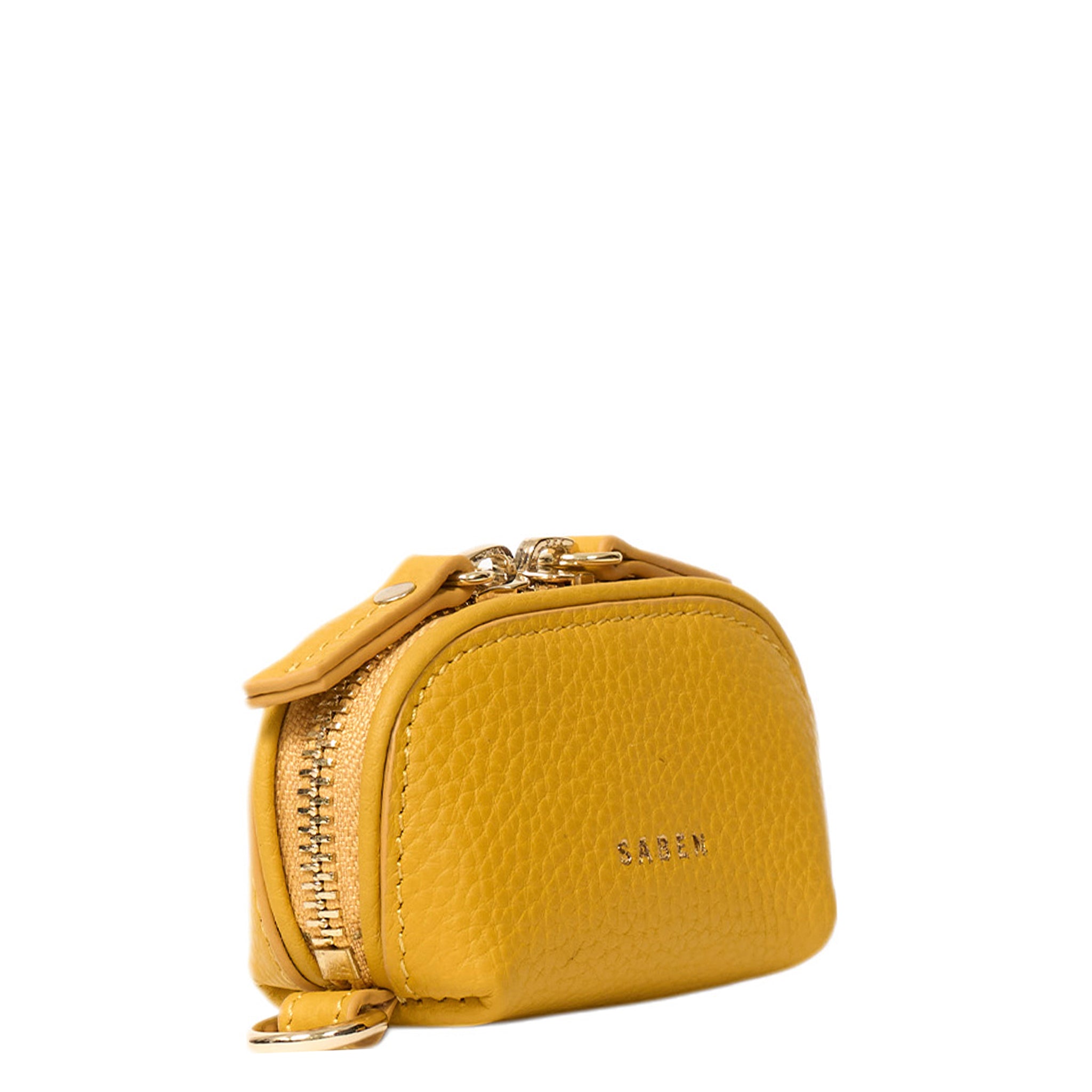 Yellow wallet with a gold zipper on a white background