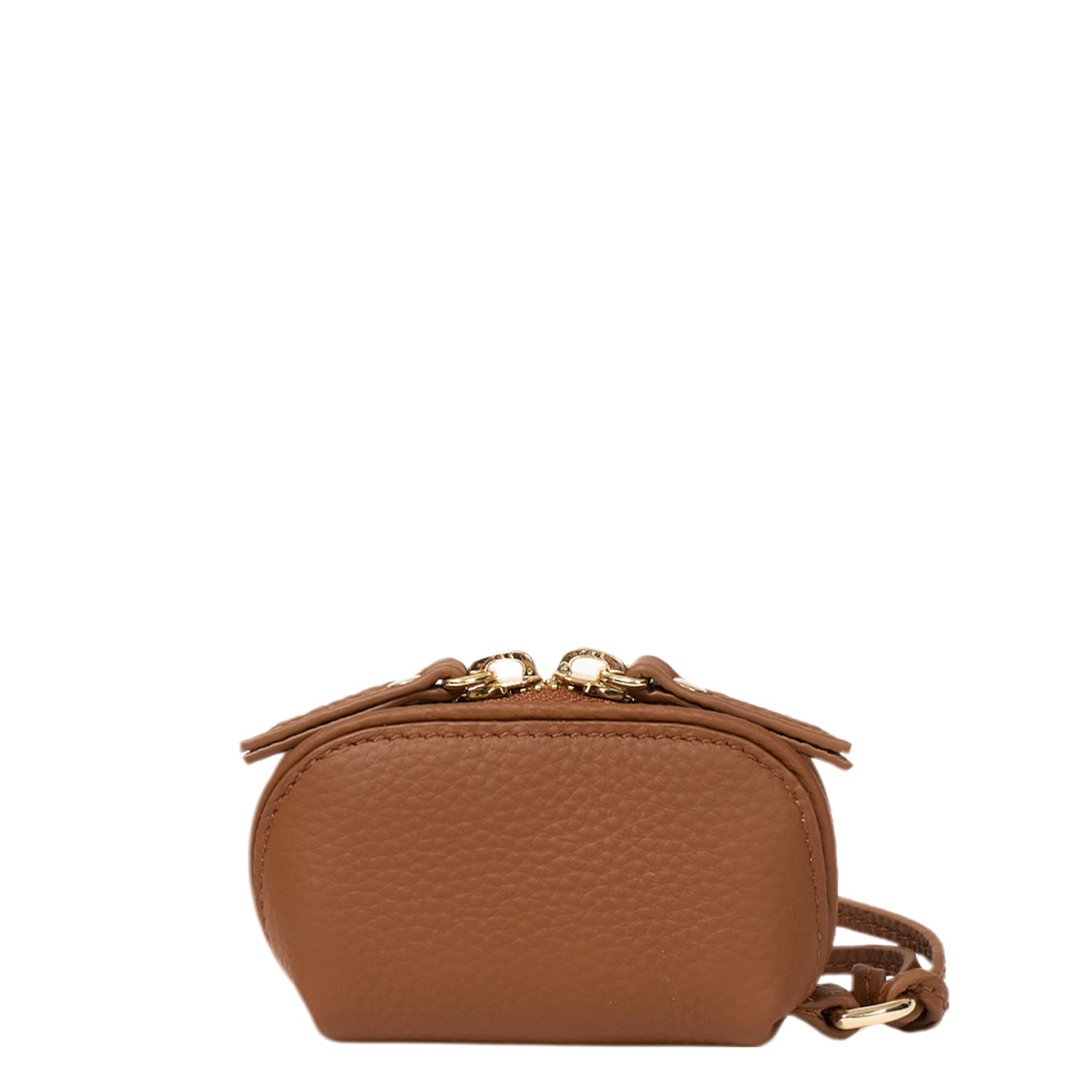 Brown leather pouch with gold zipper on a white background