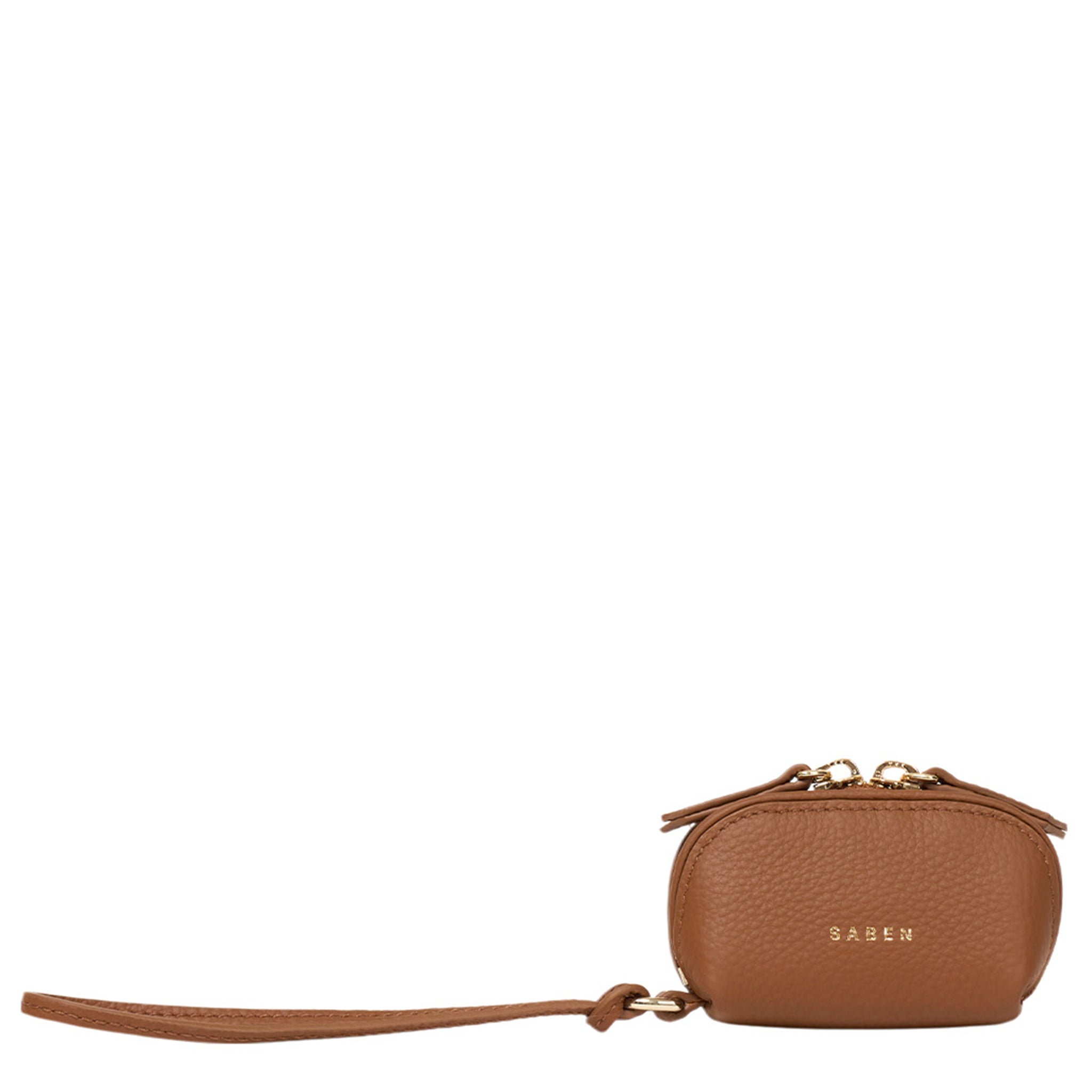 Brown leather pouch with a strap on a white background