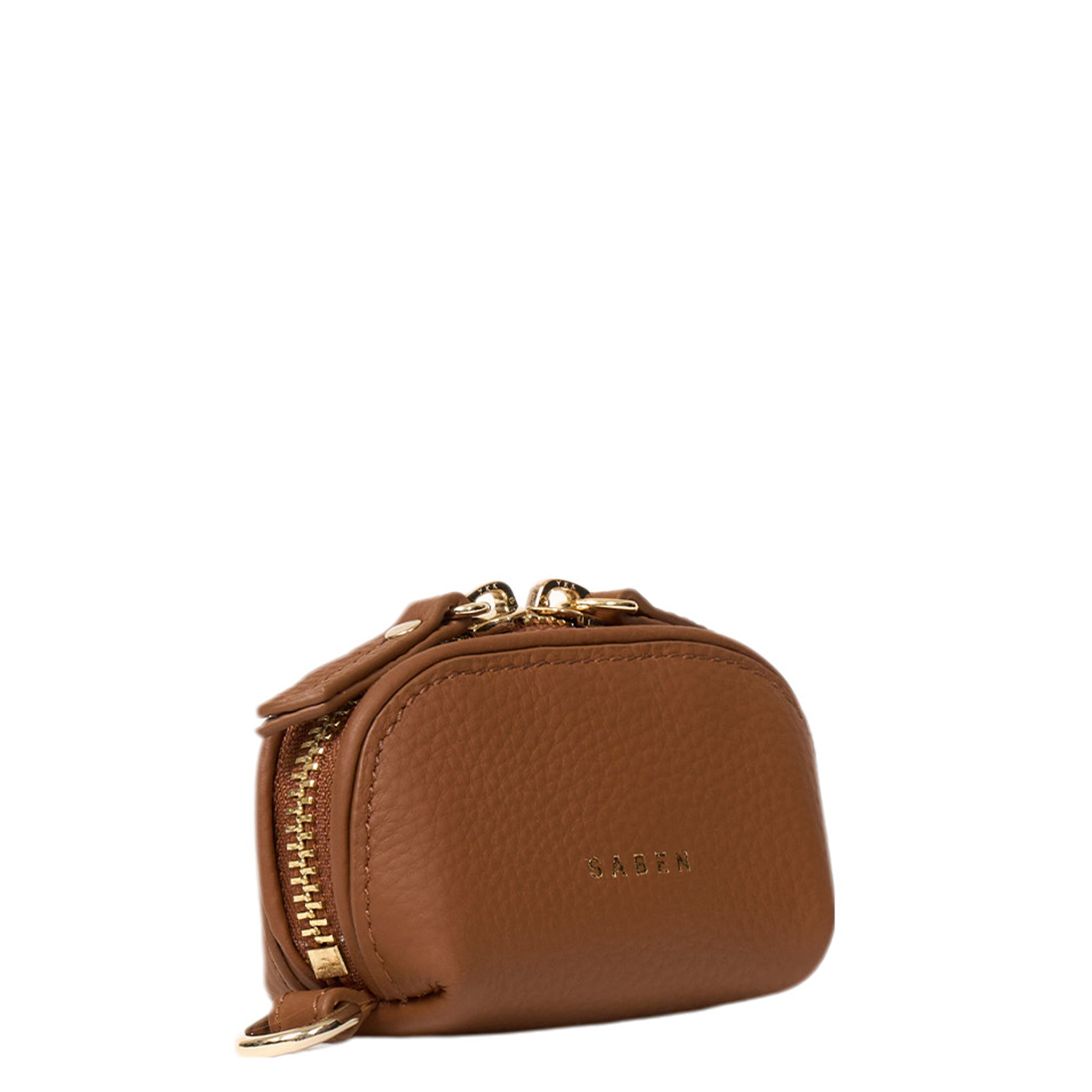 Brown leather wallet with gold zipper on a white background