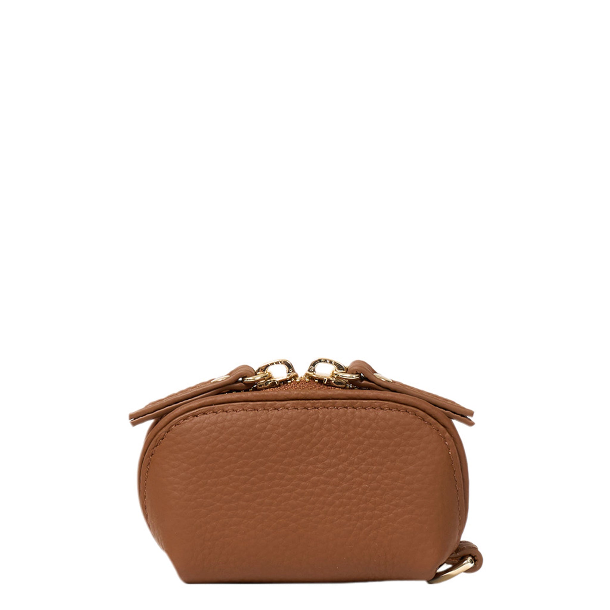 Brown leather pouch with gold zipper on a white background