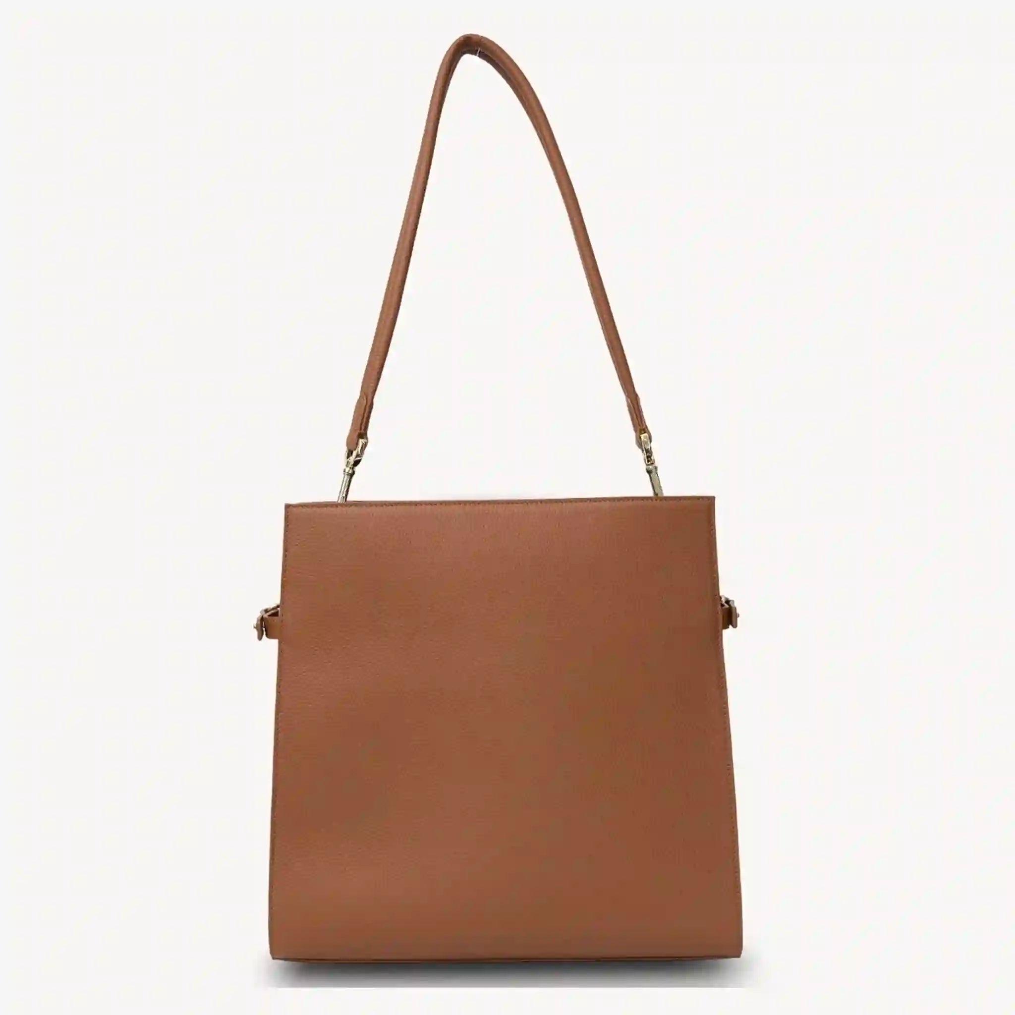 Brown handbag with a strap on a white background