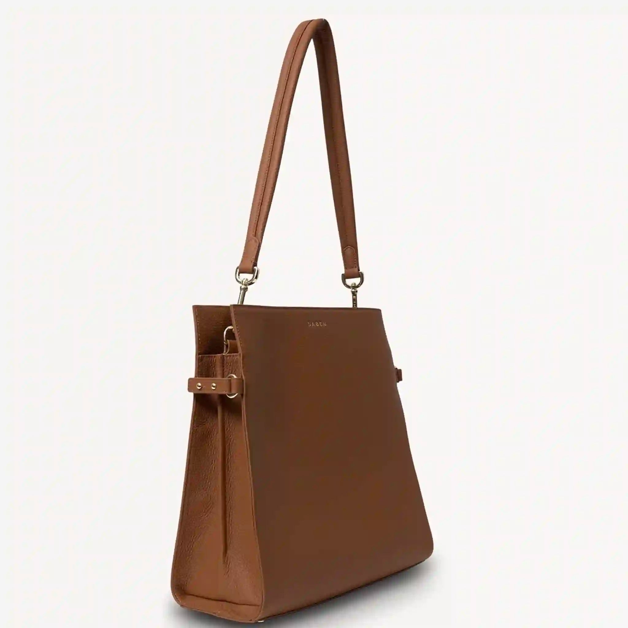 Brown handbag with a strap on a light gray background