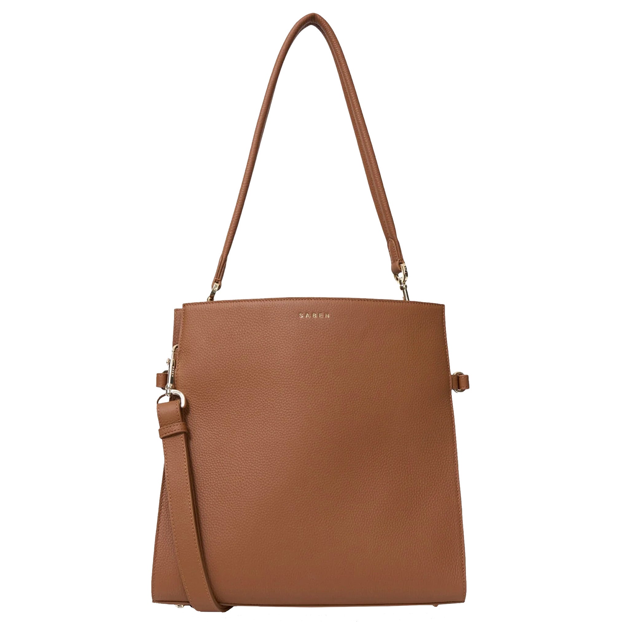 Brown handbag with a shoulder strap on a white background