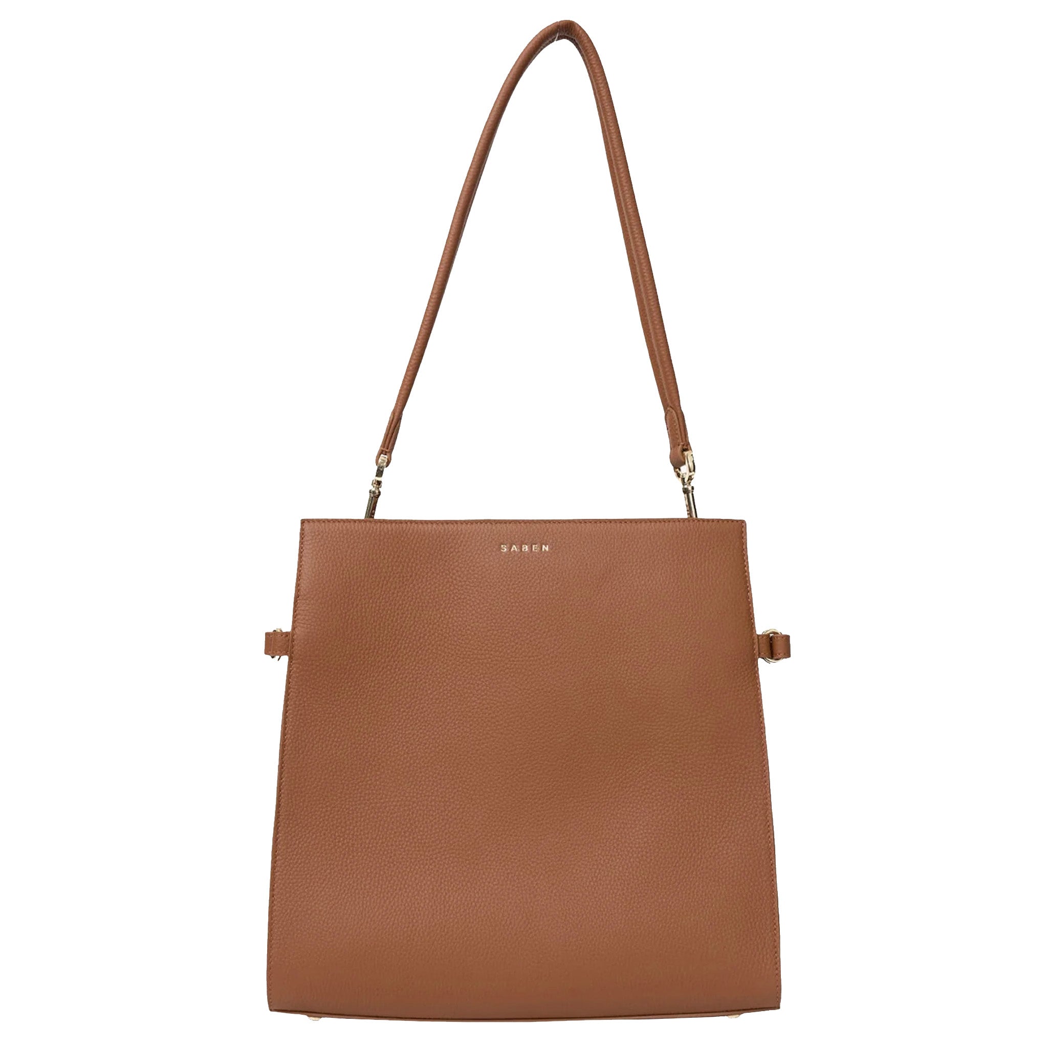 Brown handbag with a strap on a white background