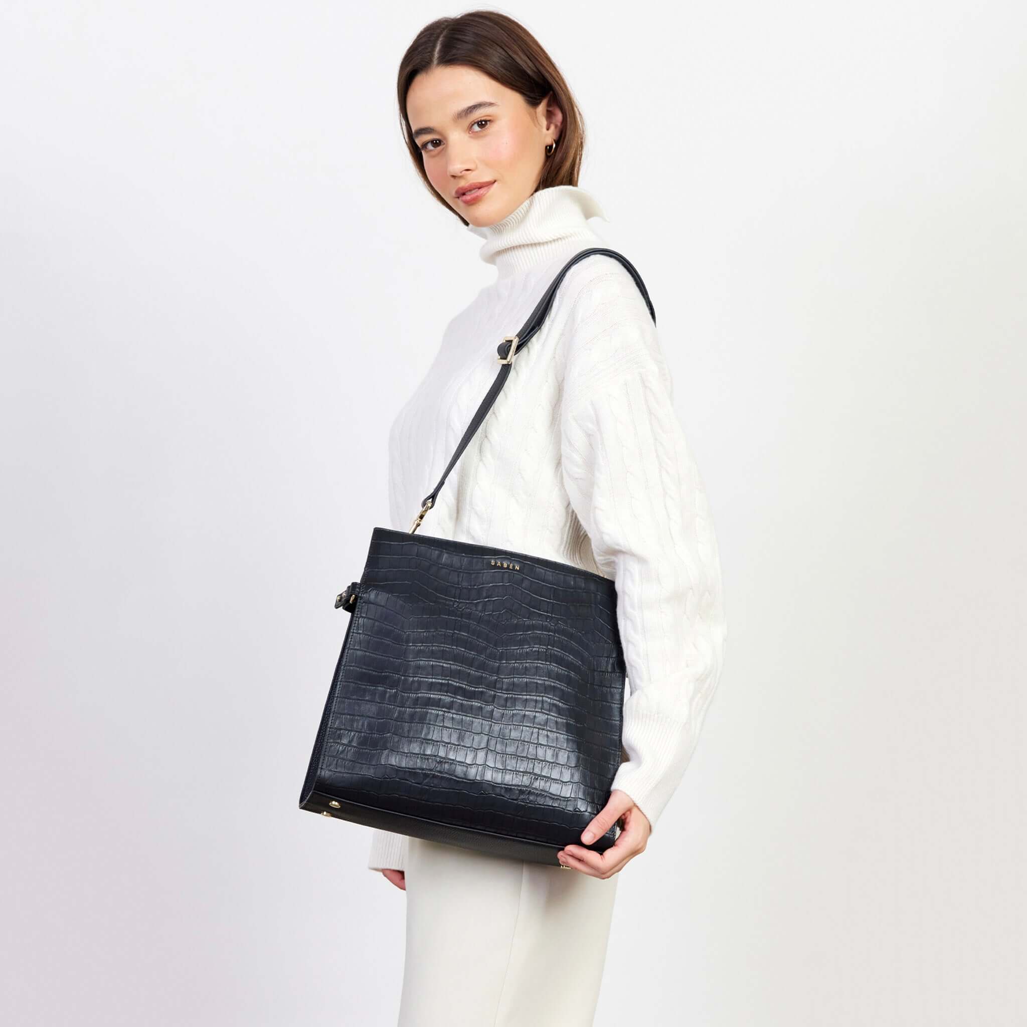 Alt Tag: Saben Beatrice Shoulder Bag - Black leather shoulder bag with detachable crossbody strap, dual compartments, fits 12-inch laptop