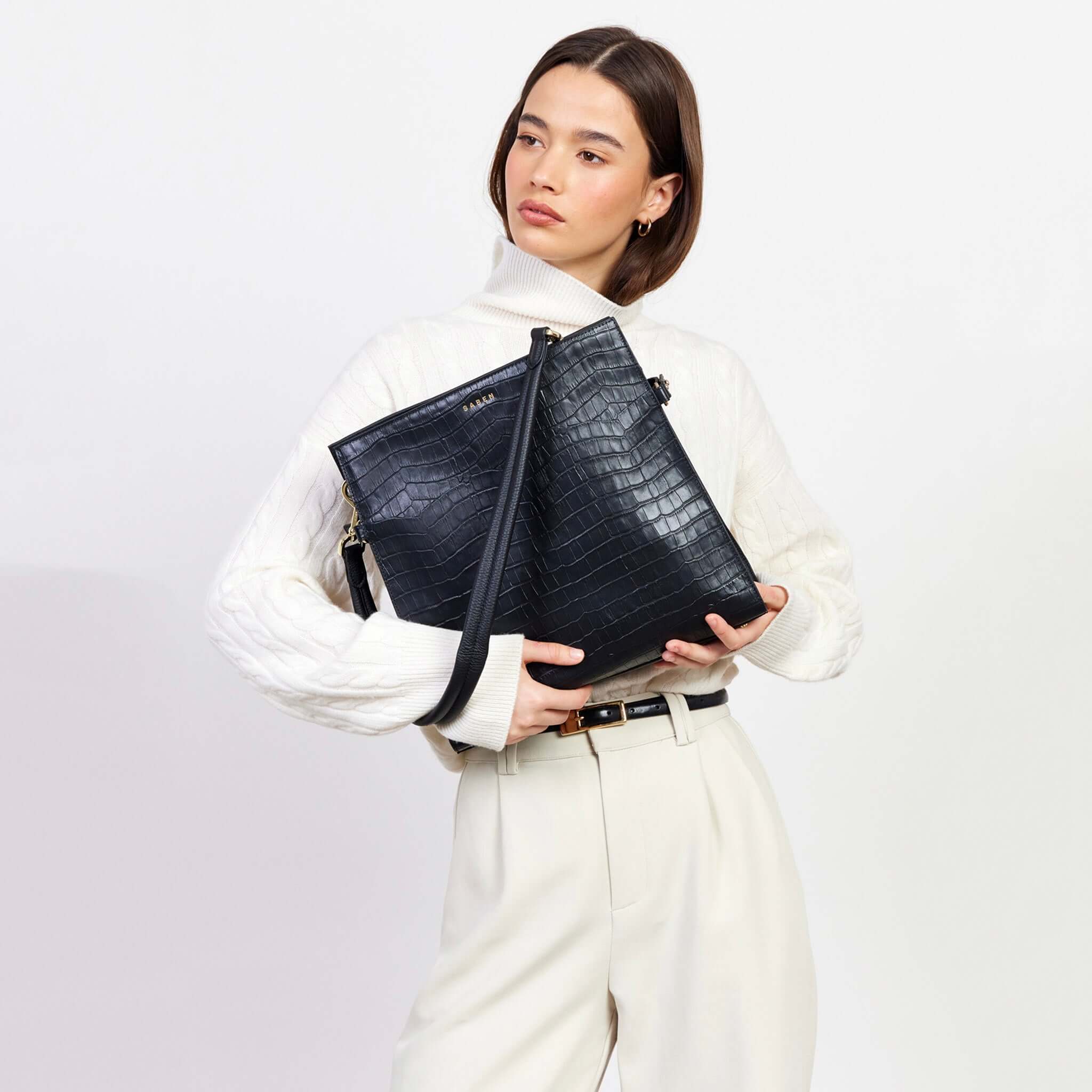 Saben Beatrice Shoulder Bag - Black black leather shoulder bag with detachable strap, dual compartments and internal zip pocket