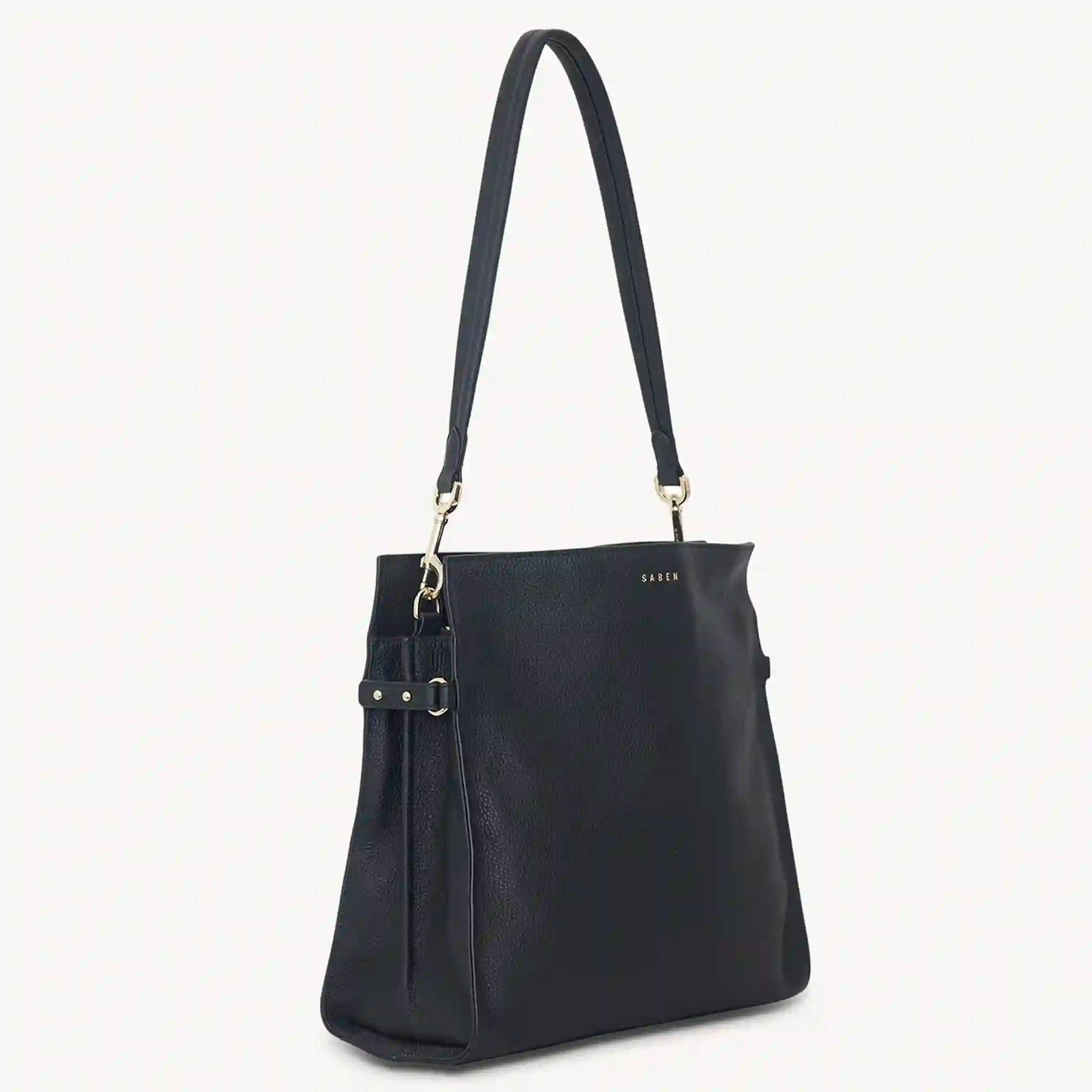 Black handbag with a strap on a white background