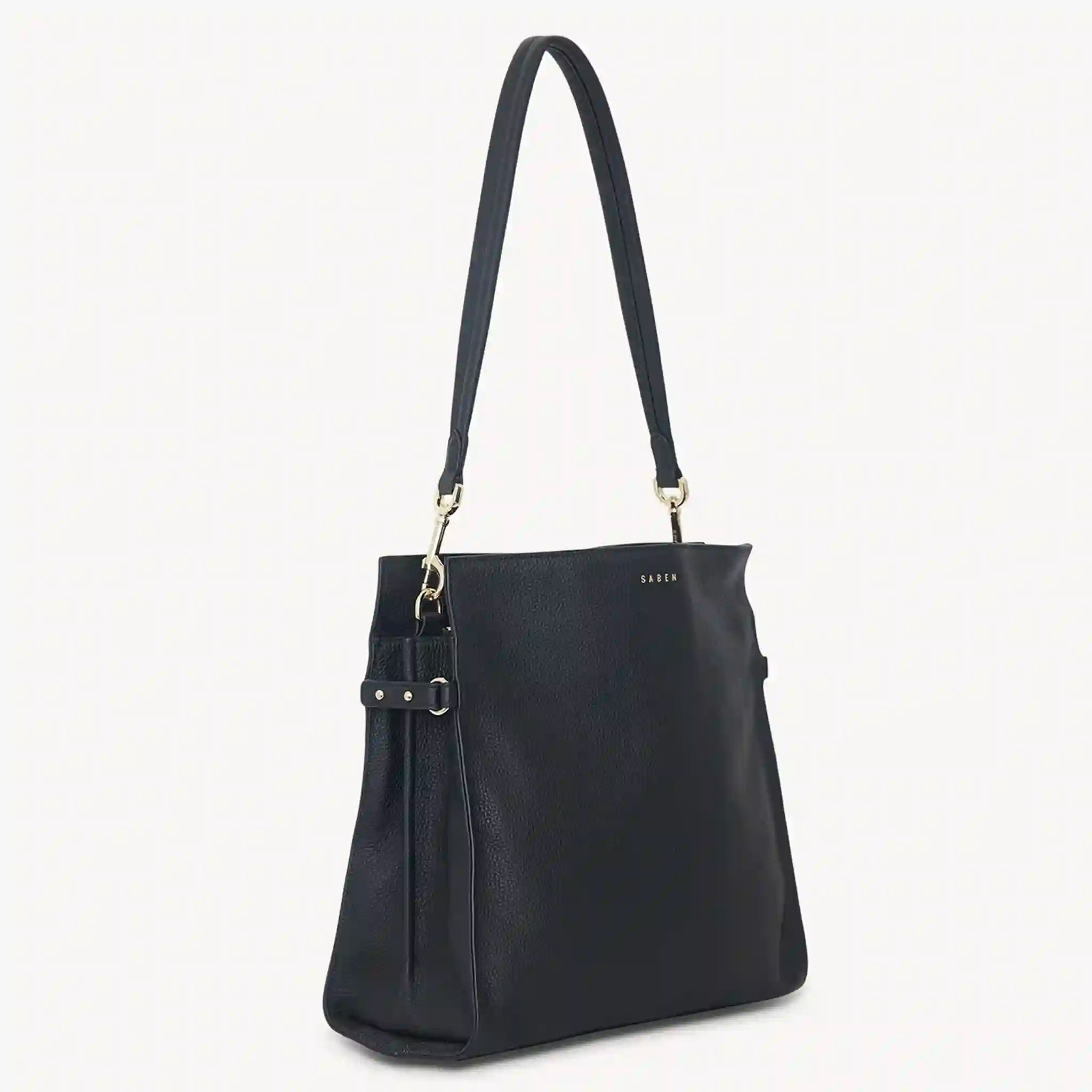 Black handbag with a strap on a white background