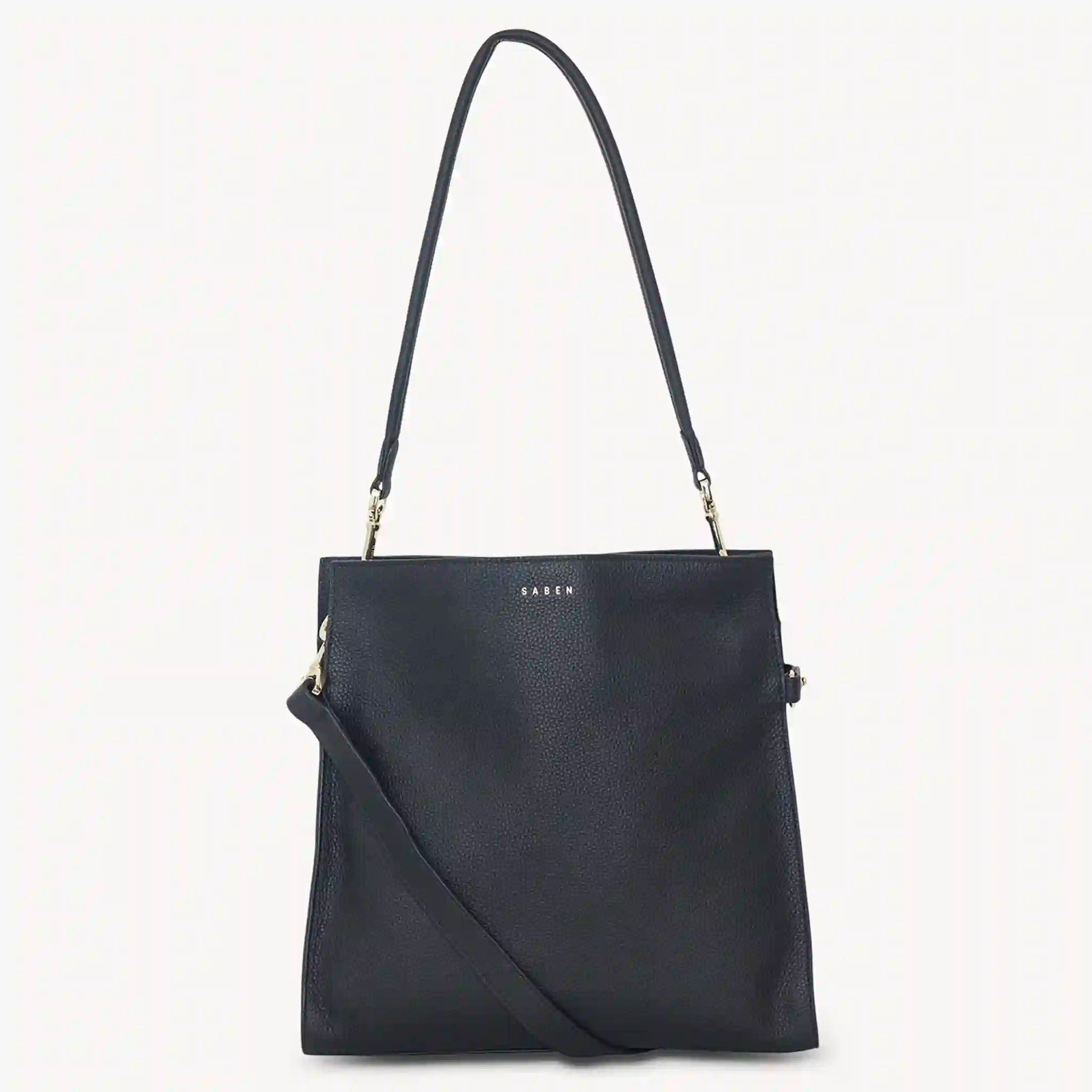 Black handbag with a strap on a light gray background