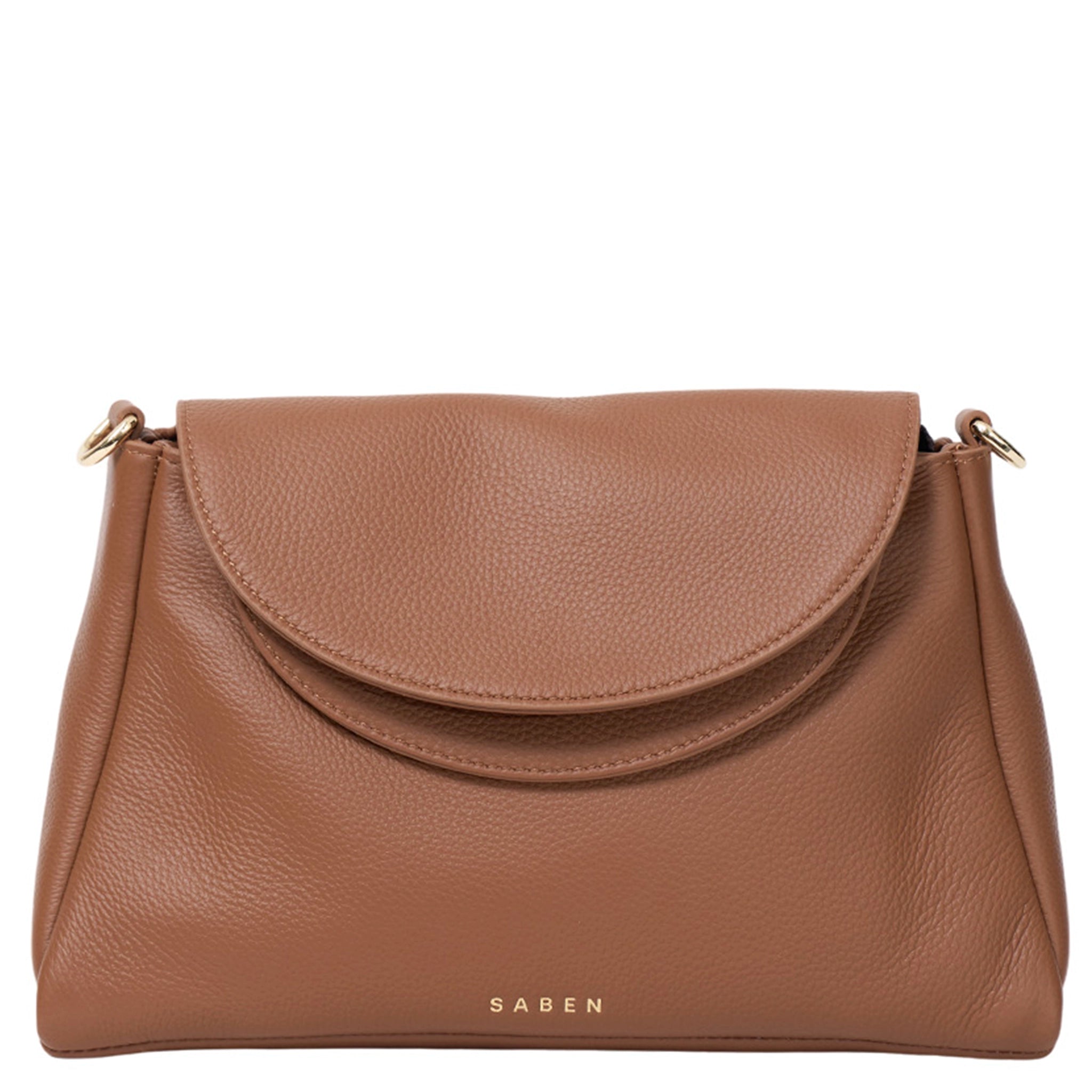 Brown leather handbag with 'Saben' branding on a white background