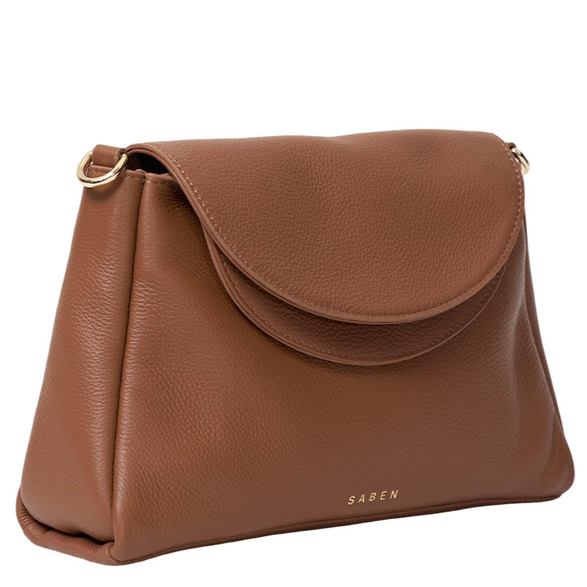 Brown leather handbag with 'Saben' branding on a white background