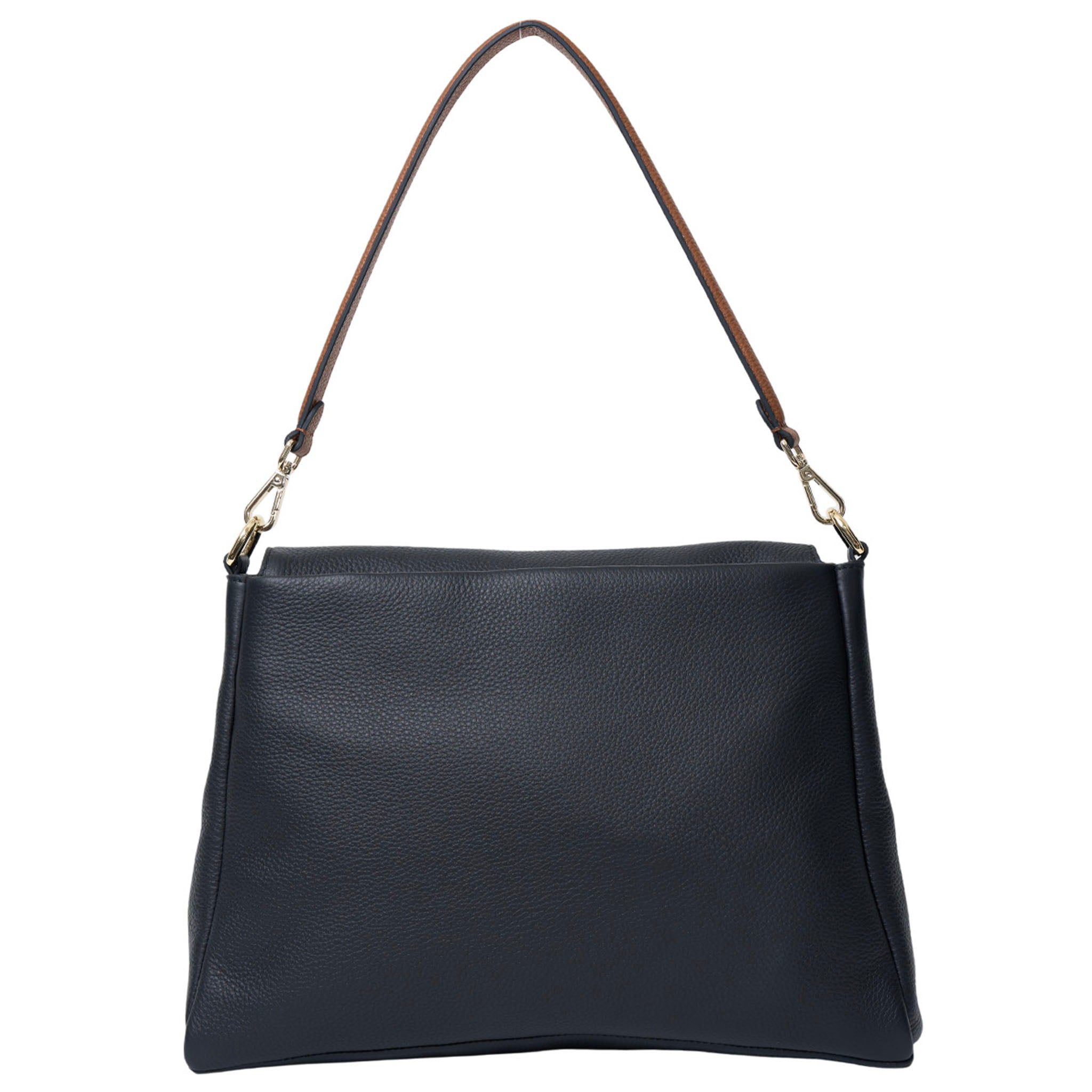 Black leather handbag with a brown strap on a white background