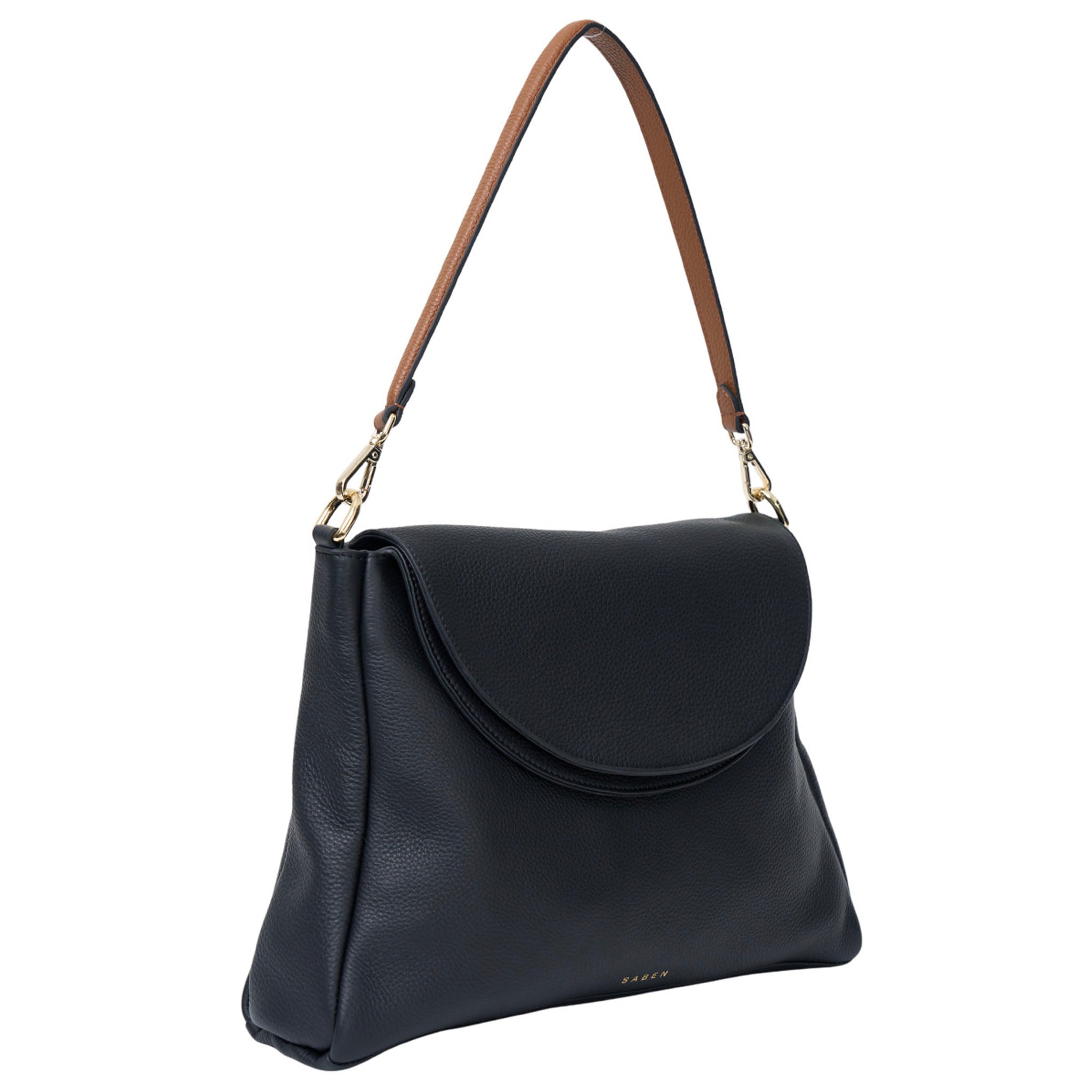 Black handbag with a brown strap on a white background