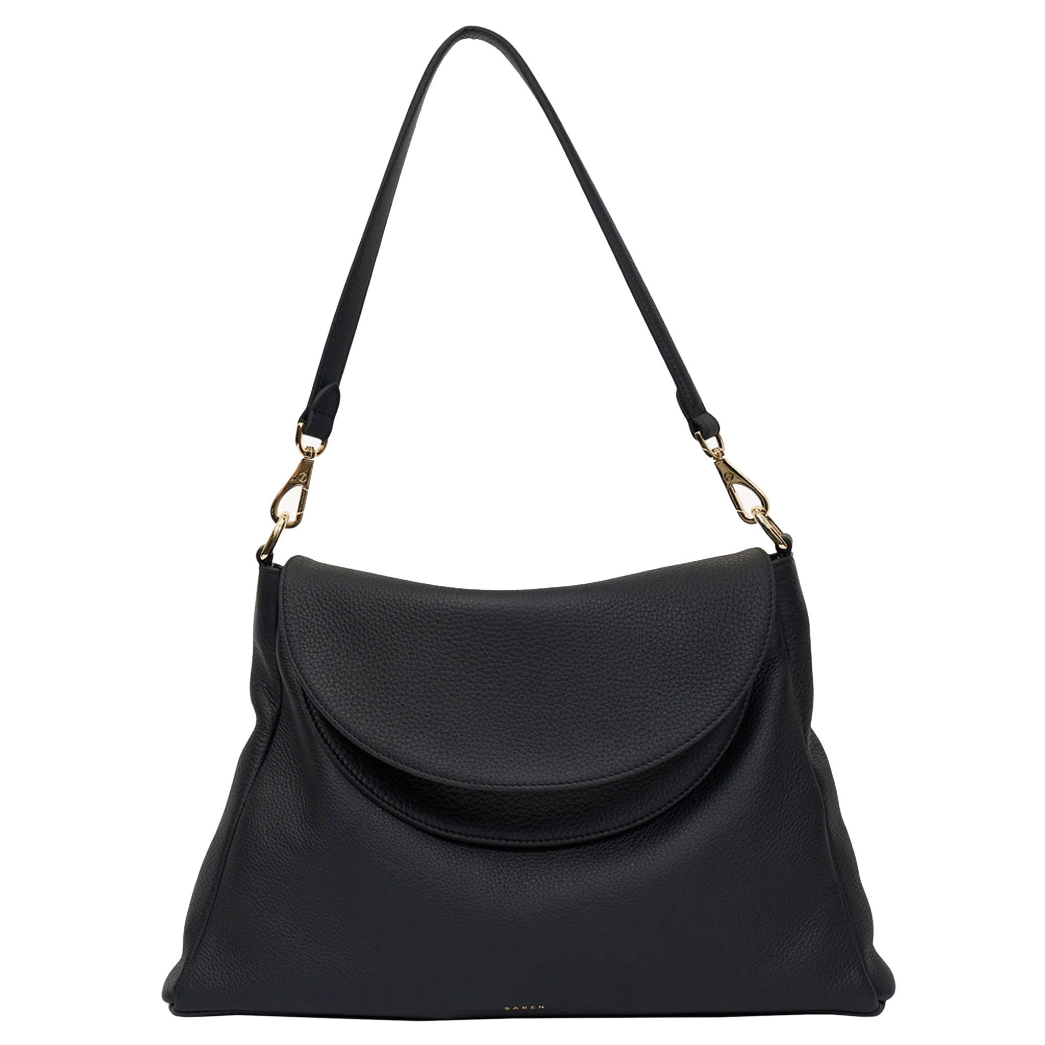 Black handbag with a strap on a white background
