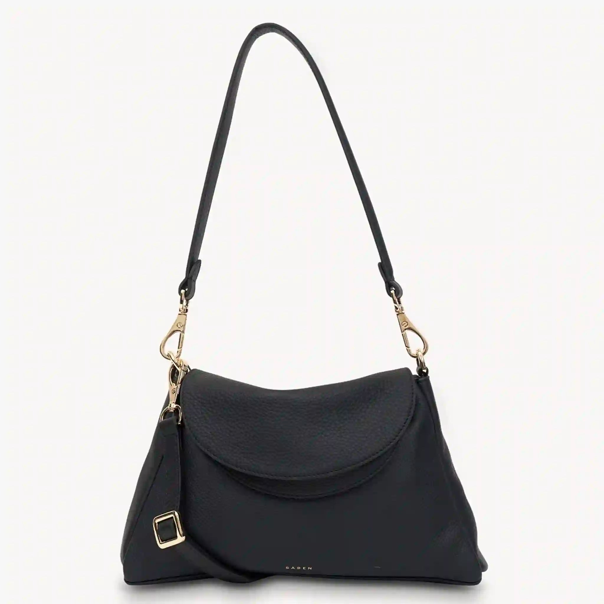 Black handbag with a strap on a white background