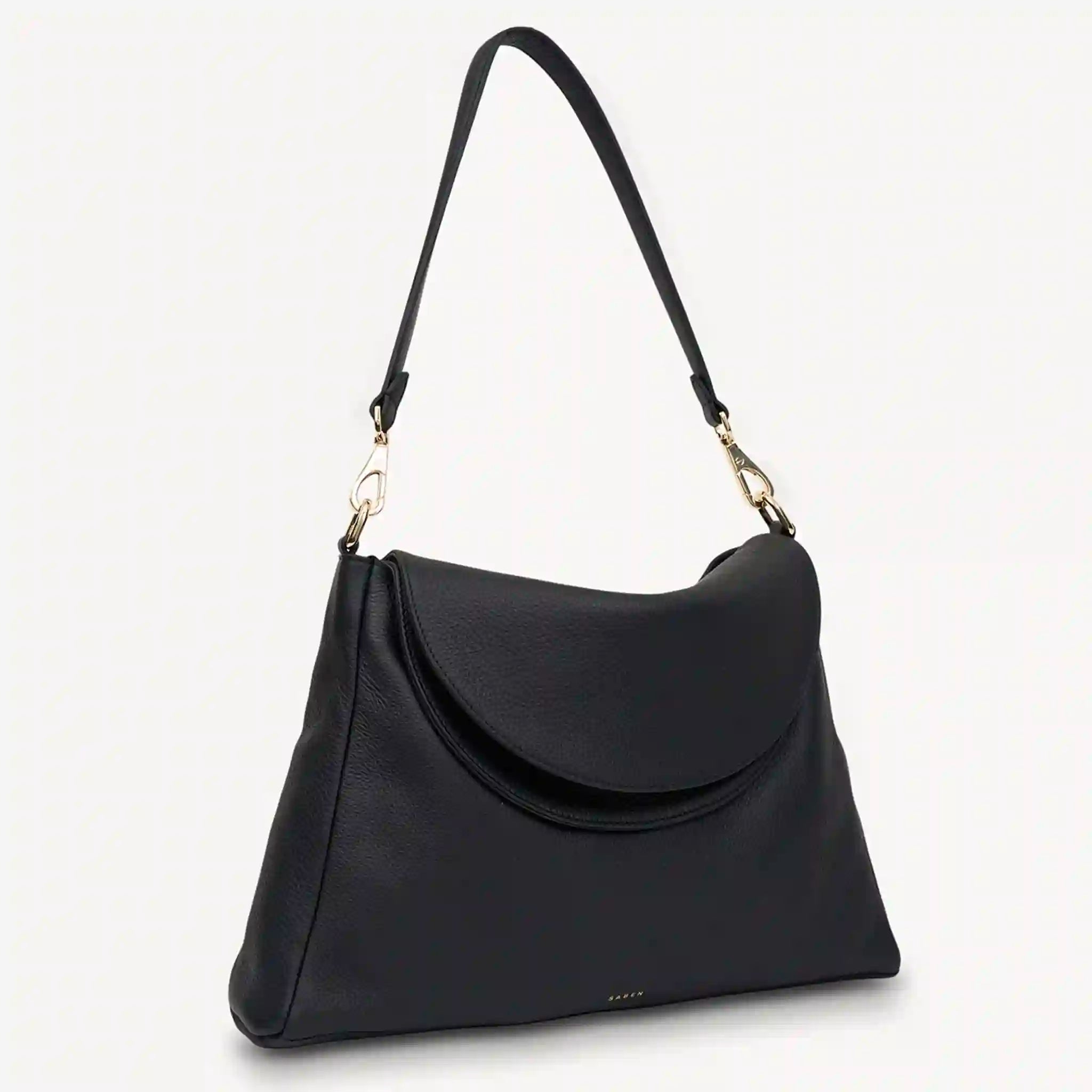 Black handbag with a shoulder strap on a white background