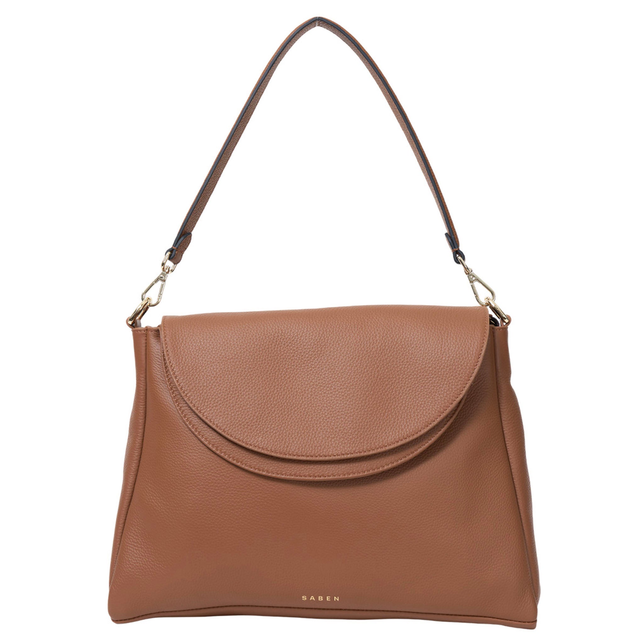 Brown handbag with a visible brand name on a white background