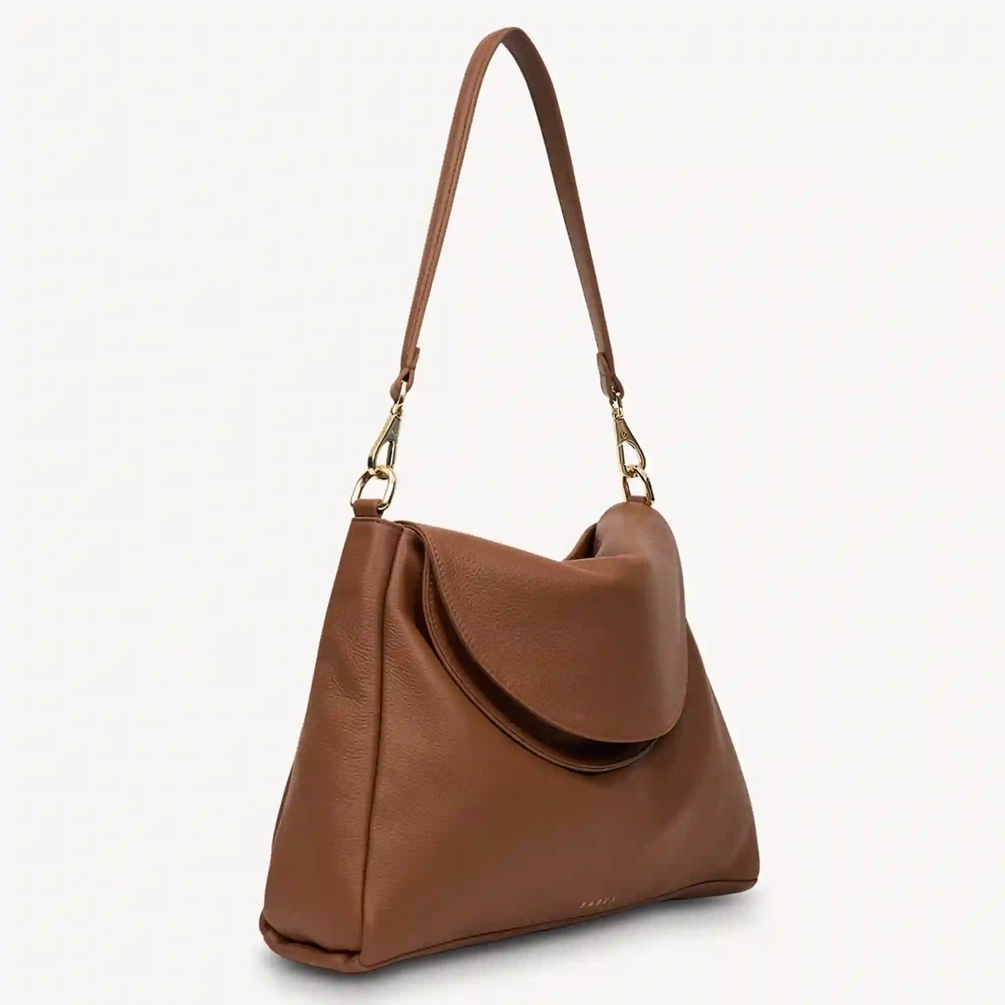 Brown handbag with a shoulder strap on a light gray background