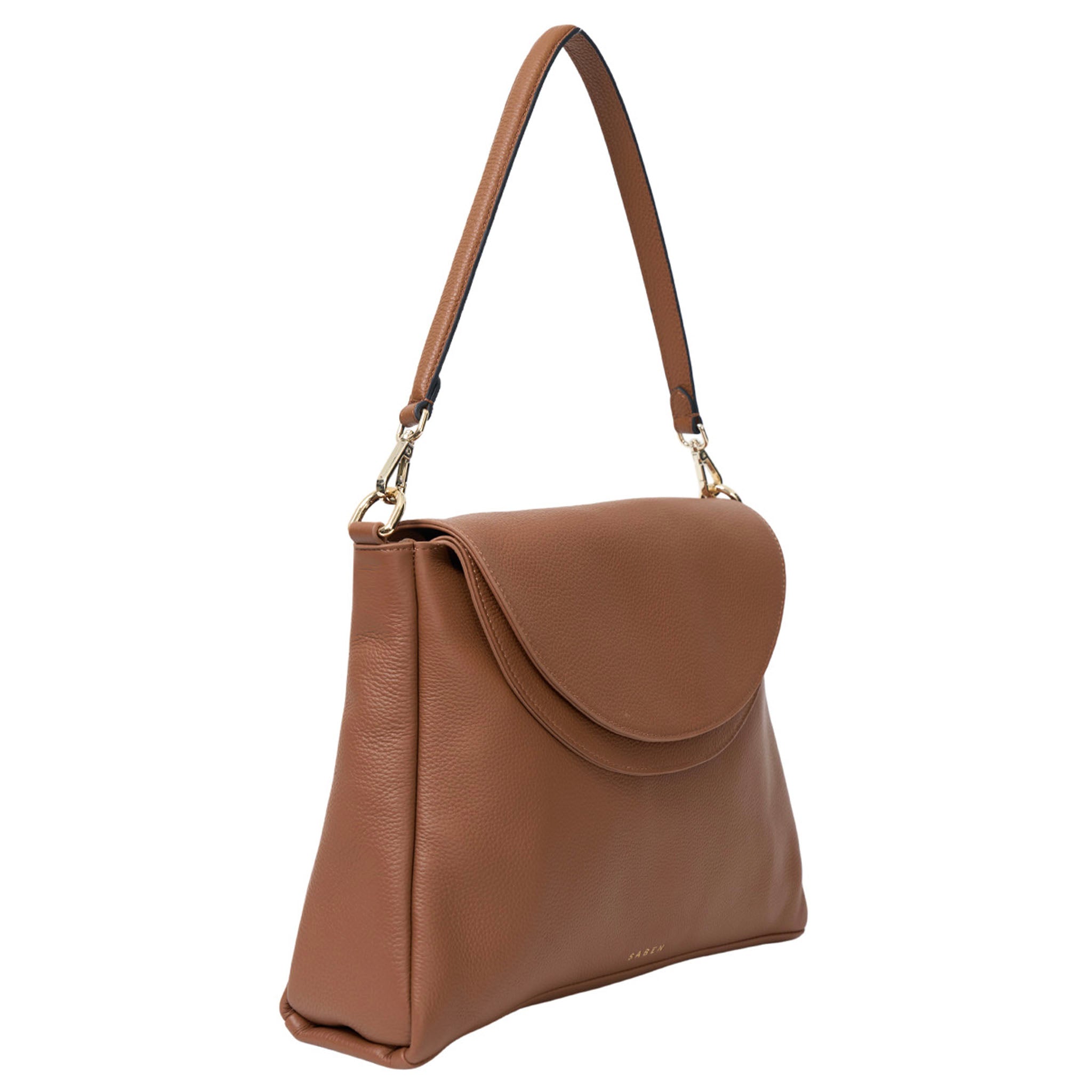 Brown leather handbag with a shoulder strap on a white background