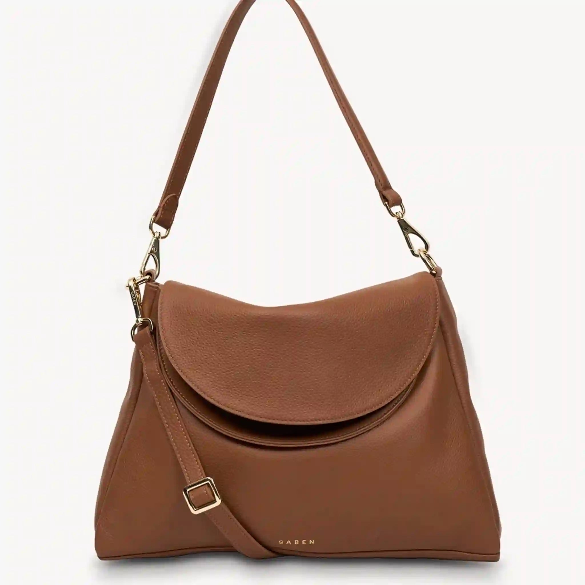 Brown handbag with a gold buckle on a white background