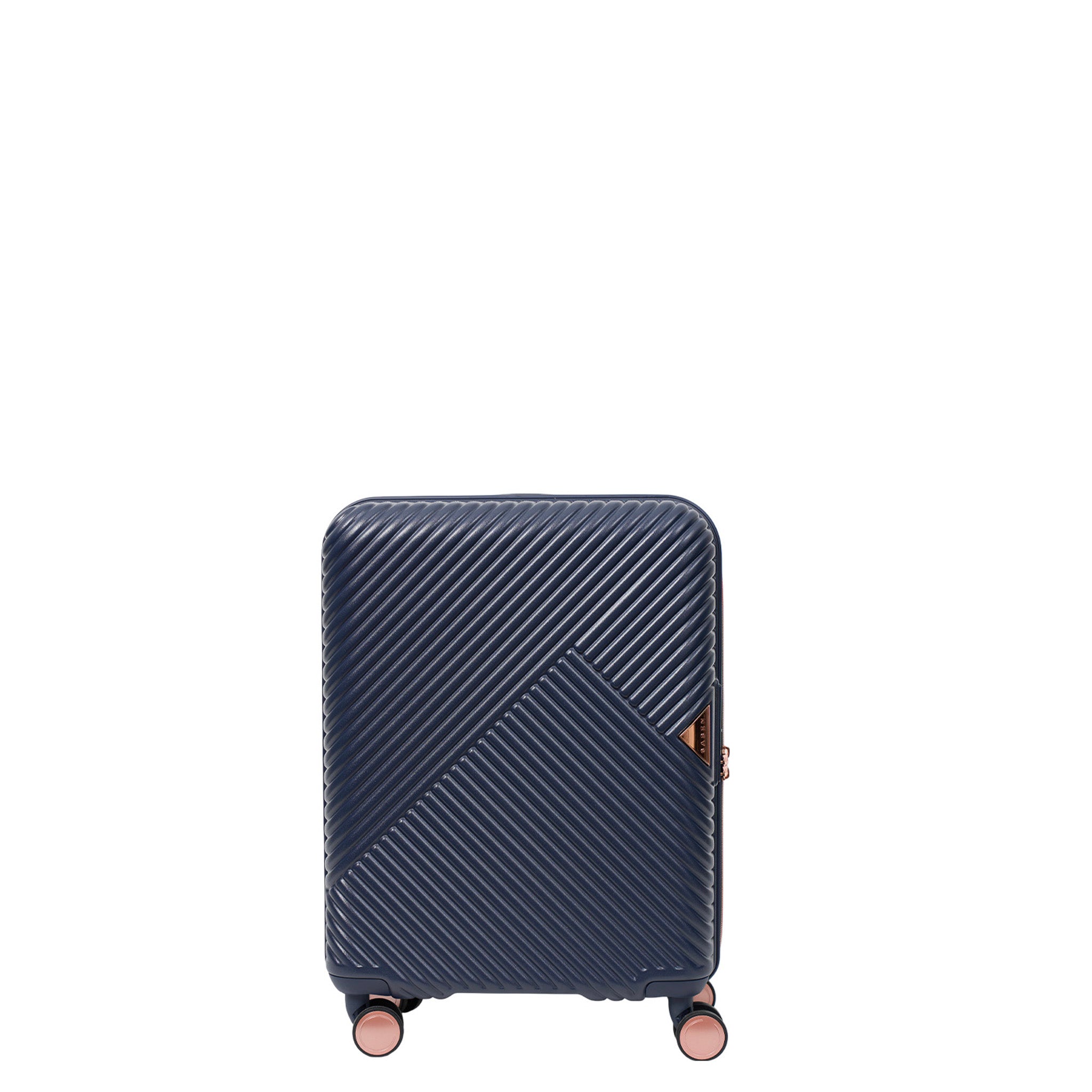 Navy blue suitcase with a geometric pattern on a white background