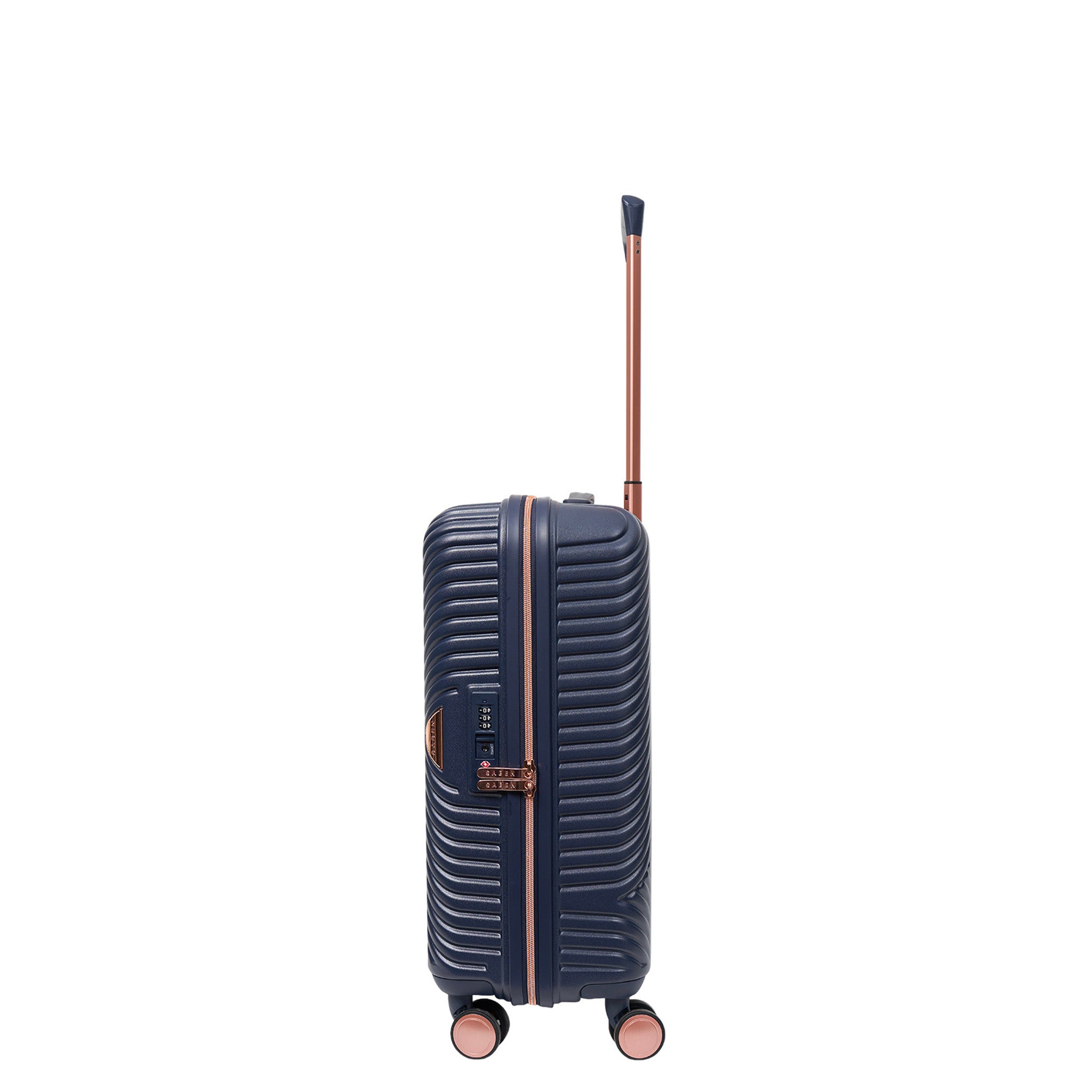 Navy blue suitcase with rose gold accents on a white background