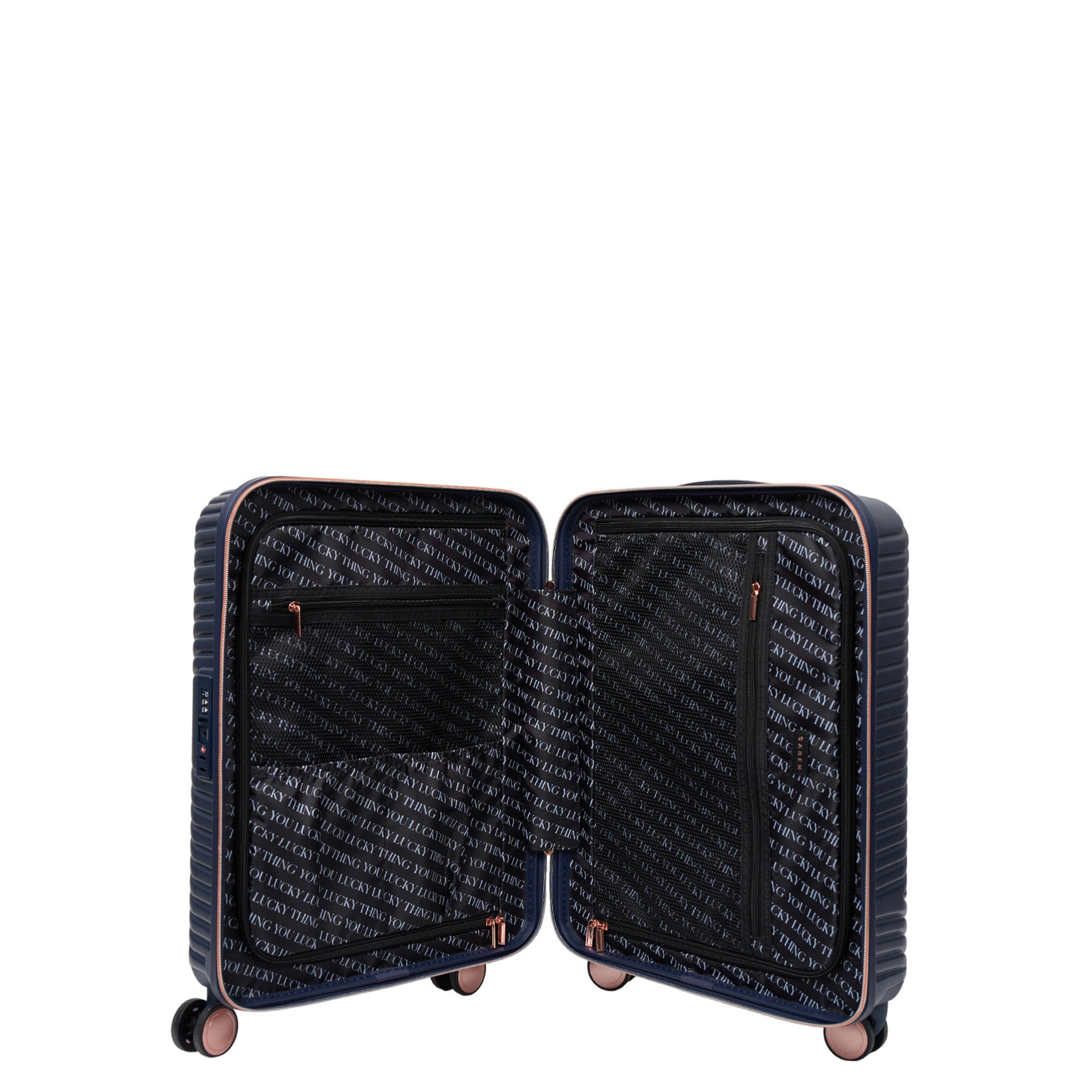 Open navy blue suitcase with rose gold accents on a white background