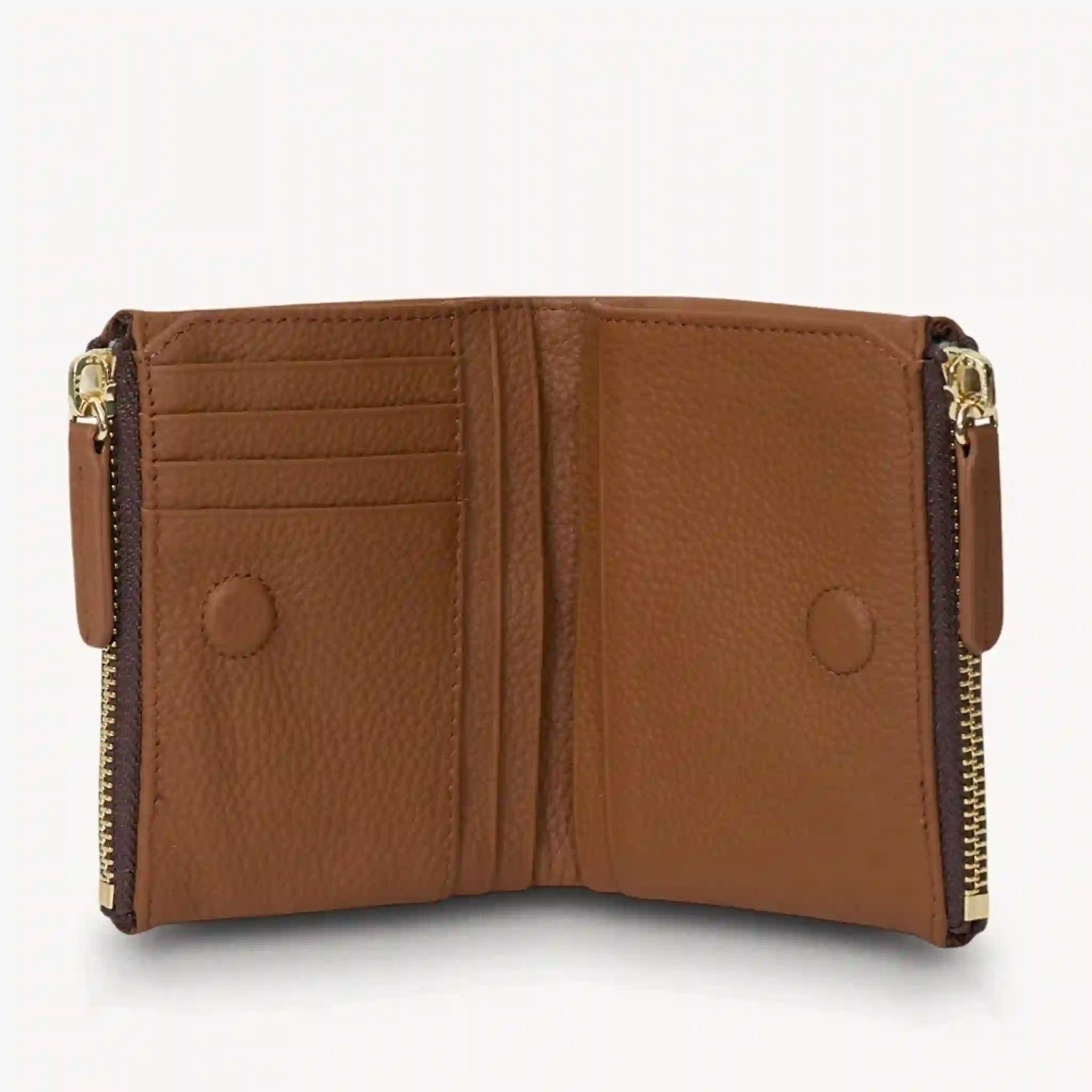 Brown leather wallet with gold zipper on a white background