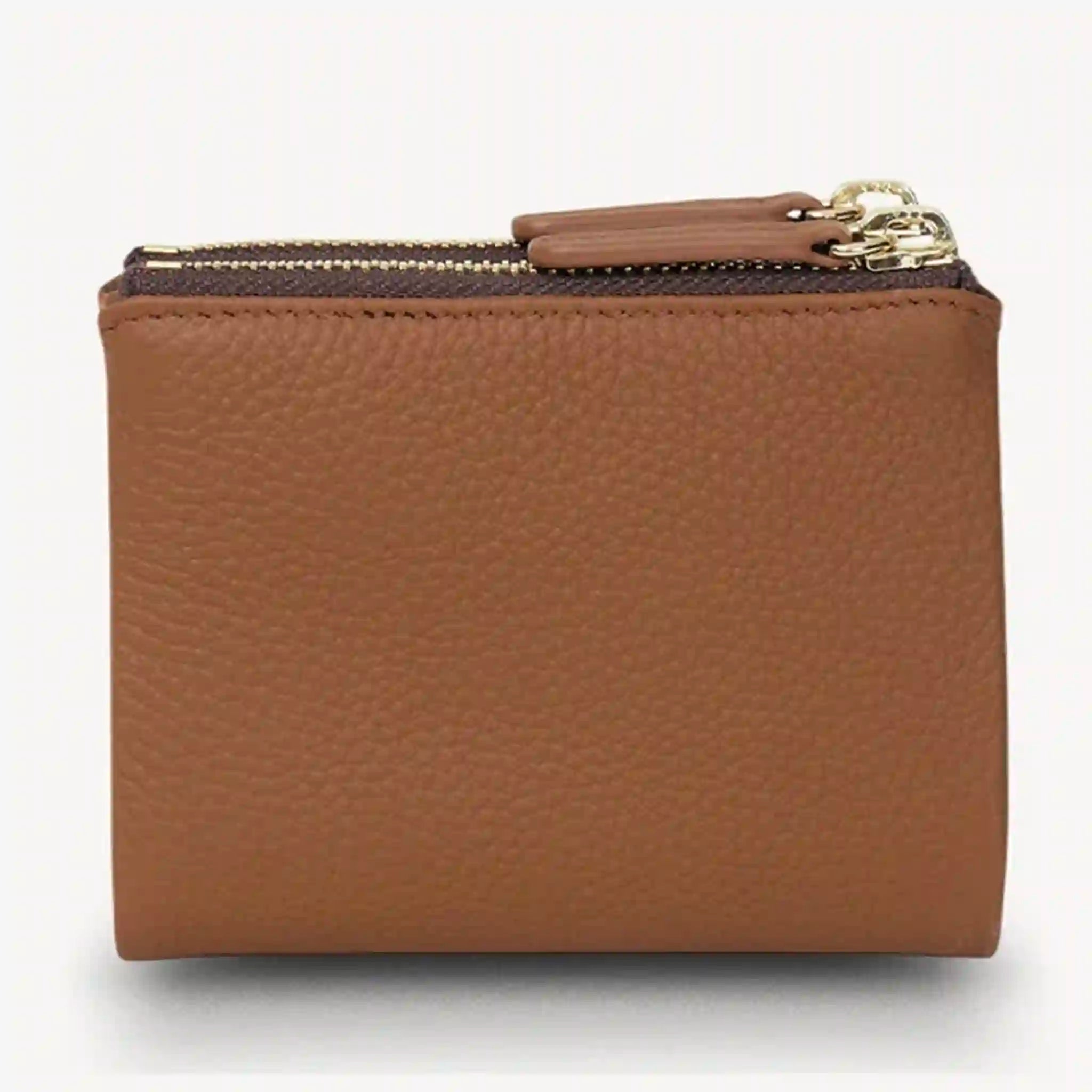 Brown leather wallet with a gold zipper on a white background