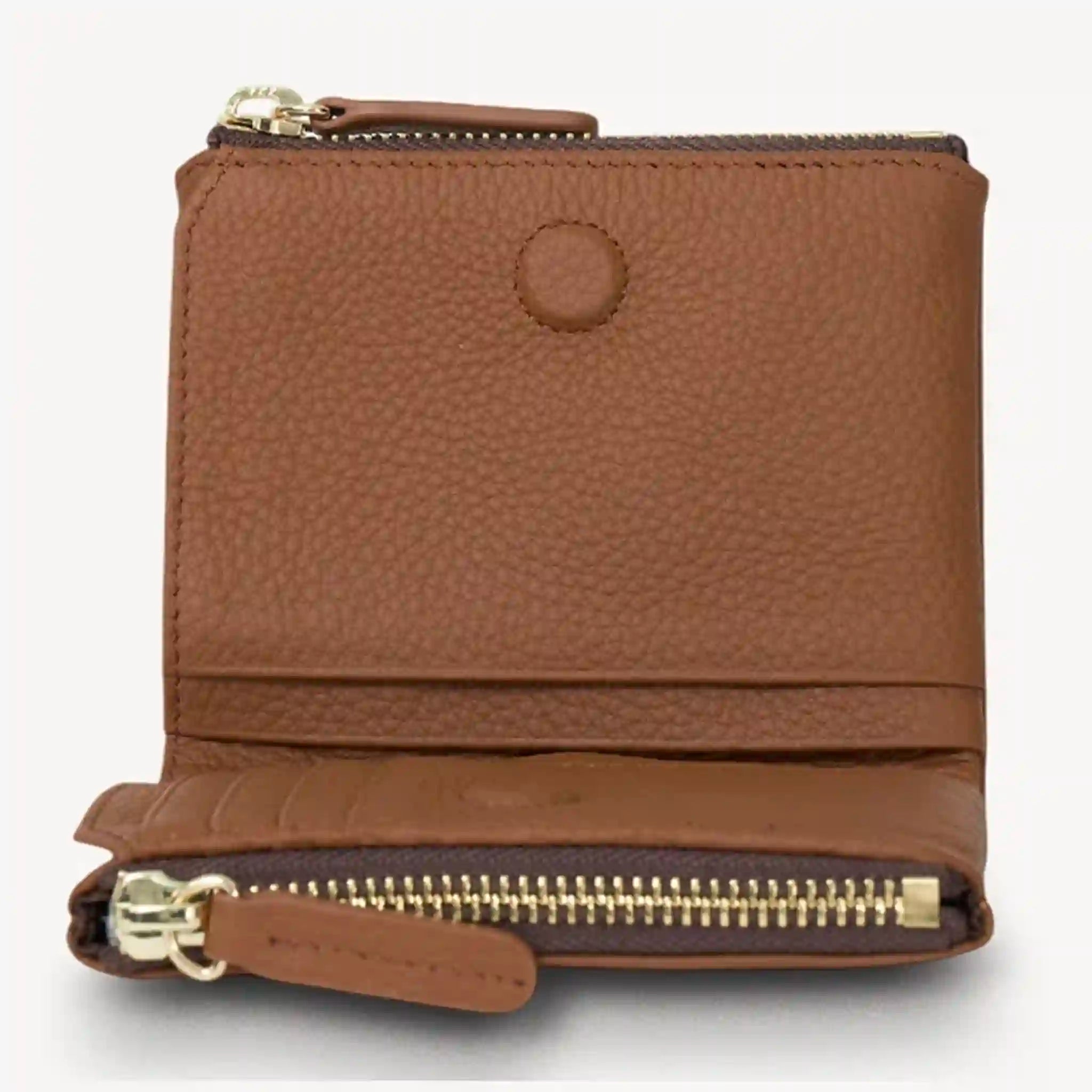 Brown leather wallet with gold zipper on a white background