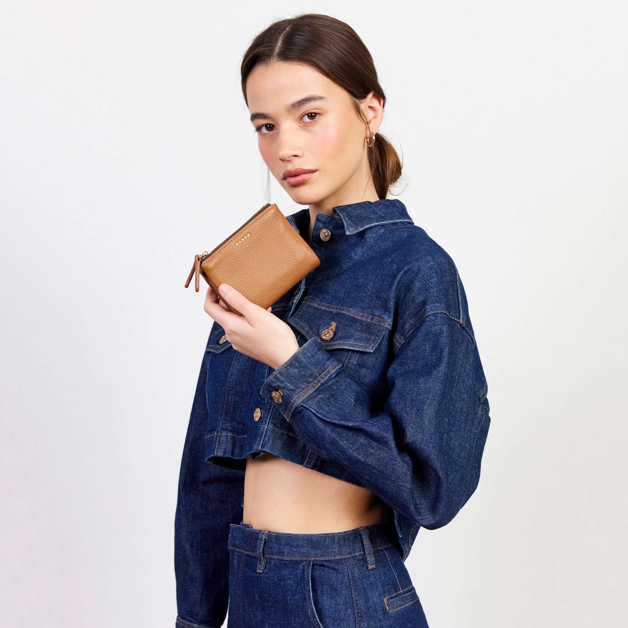 Alt Tag: Saben Delilah Wallet - Toffee toffee leather compact wallet with zip pull, gold logo, eight card slots, coin and note pockets