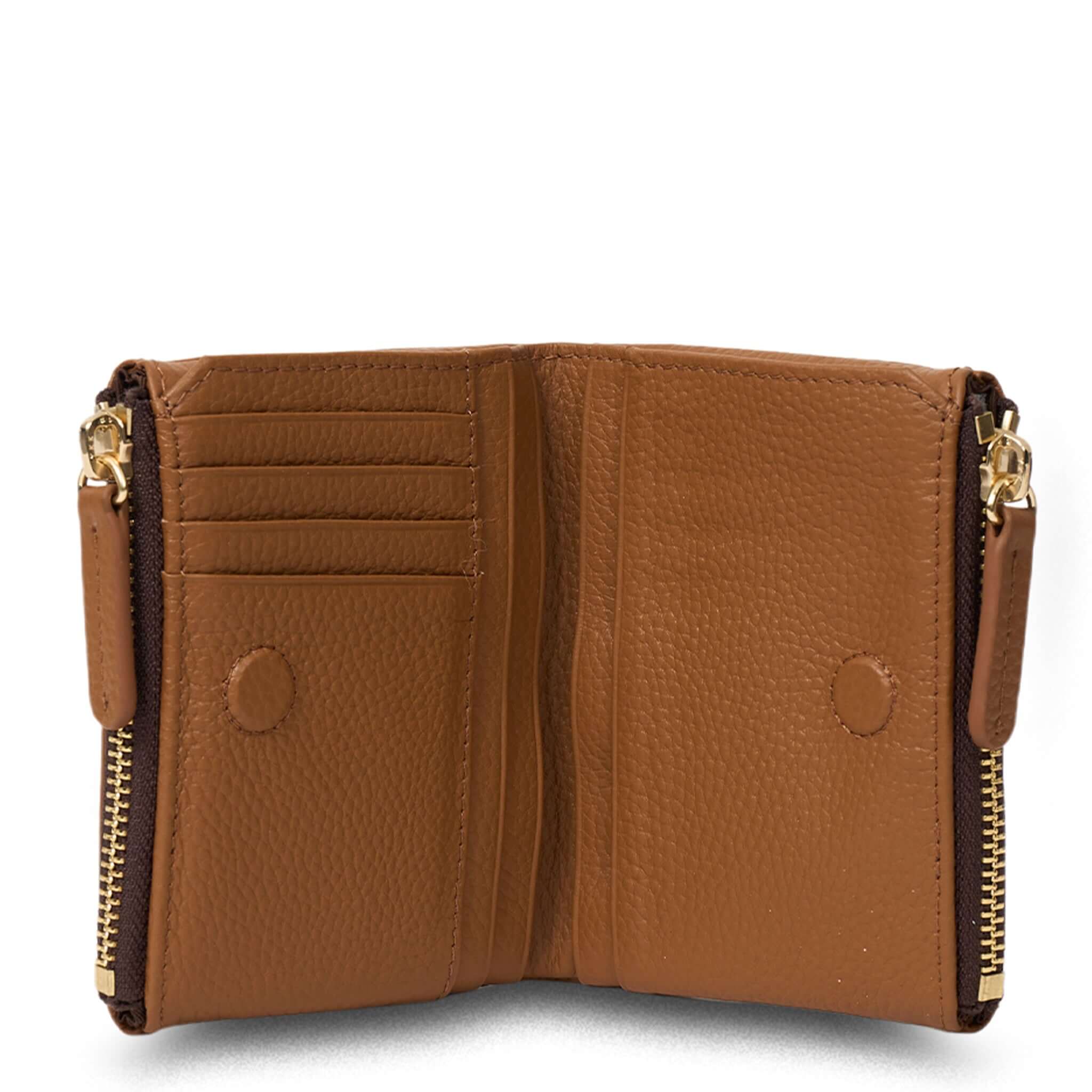 Alt Tag: Saben Delilah Wallet - Toffee compact toffee leather wallet with card slots, note pocket and zip coin section, open view