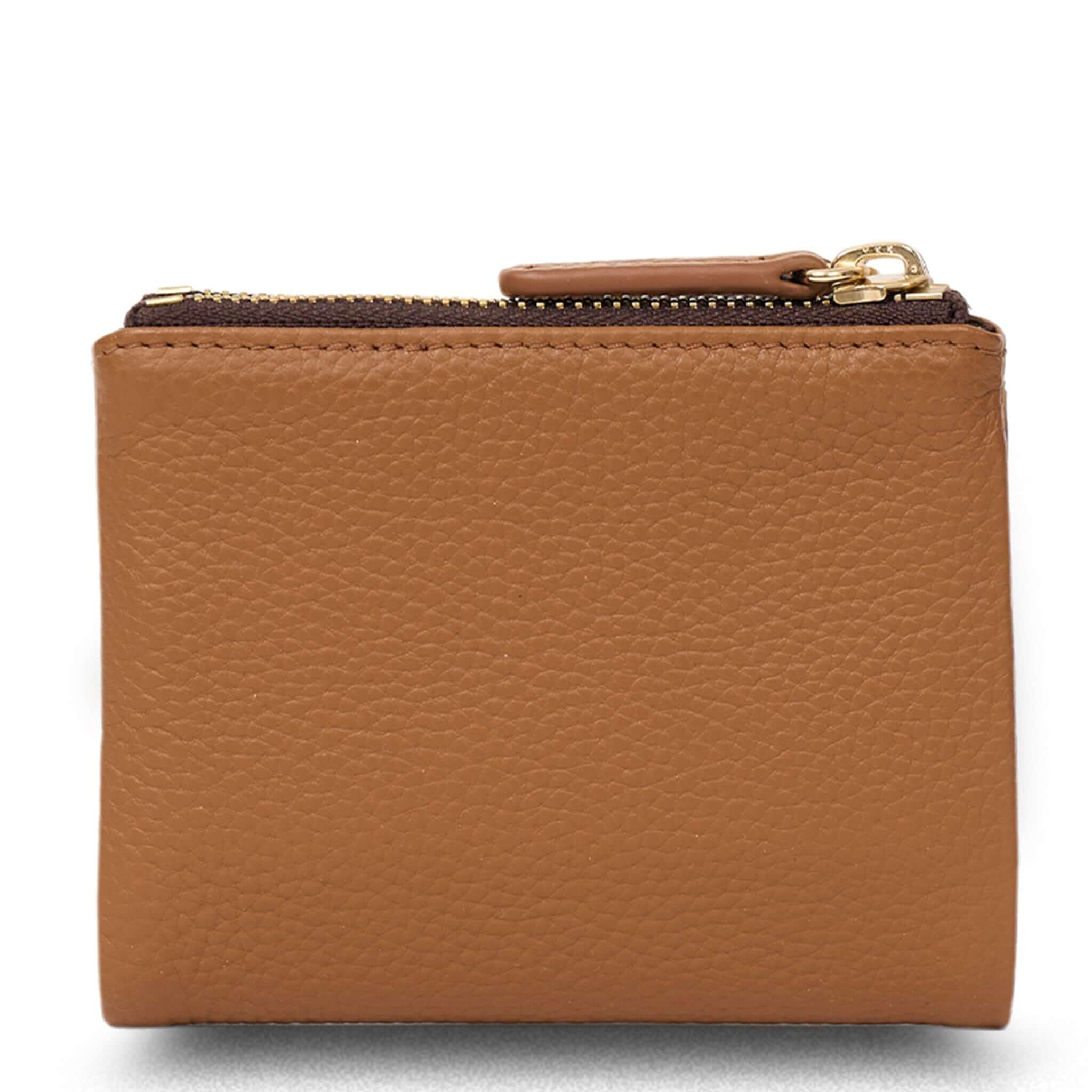 Alt Tag: Saben Delilah Wallet - Toffee compact toffee leather wallet with gold zip pull and organised card, coin and cash pockets