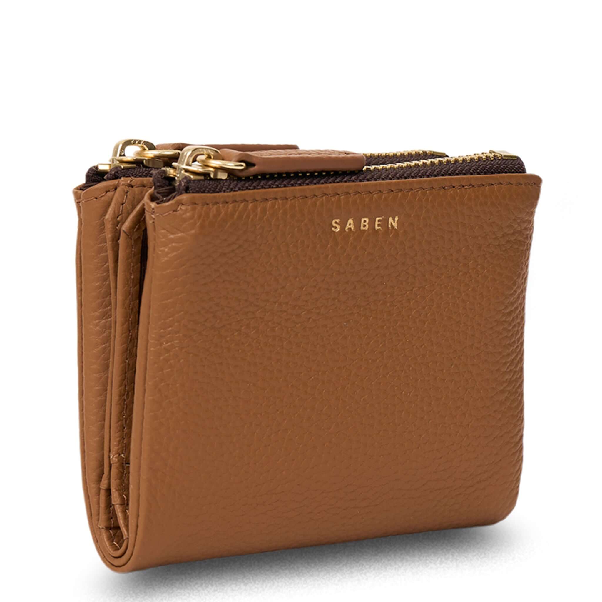 Alt Tag: Saben Delilah Wallet - Toffee compact toffee leather wallet with gold logo and zip coin pocket