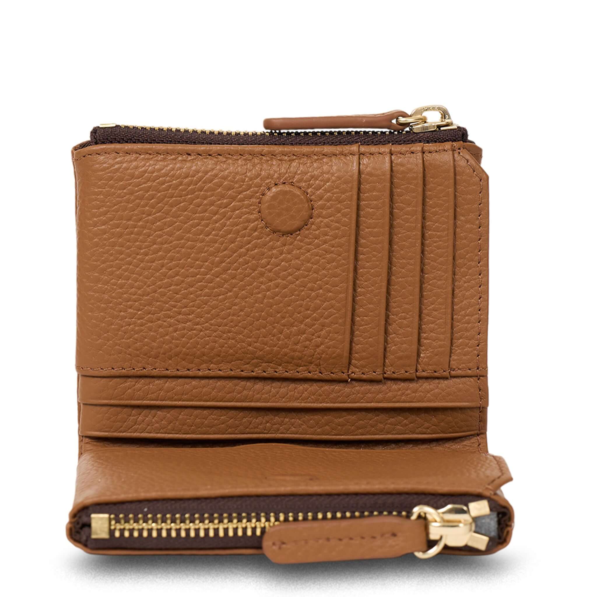 Alt Tag: Saben Delilah Wallet - Toffee compact toffee leather wallet with card slots and zip coin pocket, gold hardware