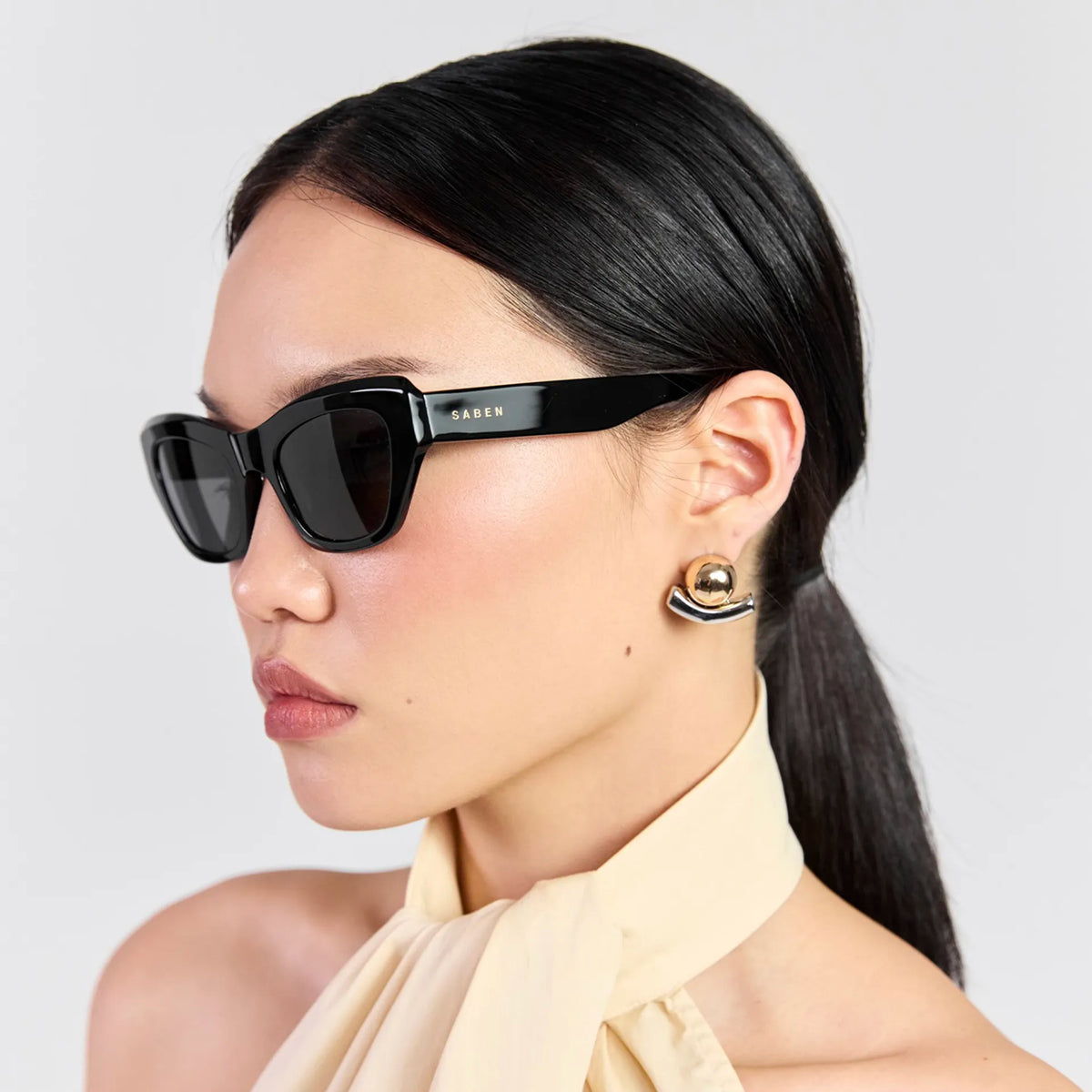 Saben Eyewear Cara Sunglasses in Black - angular rectangular acetate frames with dark lenses