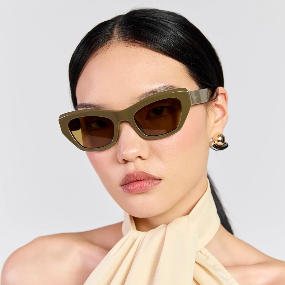 Saben Eyewear Cara Sunglasses in Olive - angular rectangular acetate frames with brown lenses