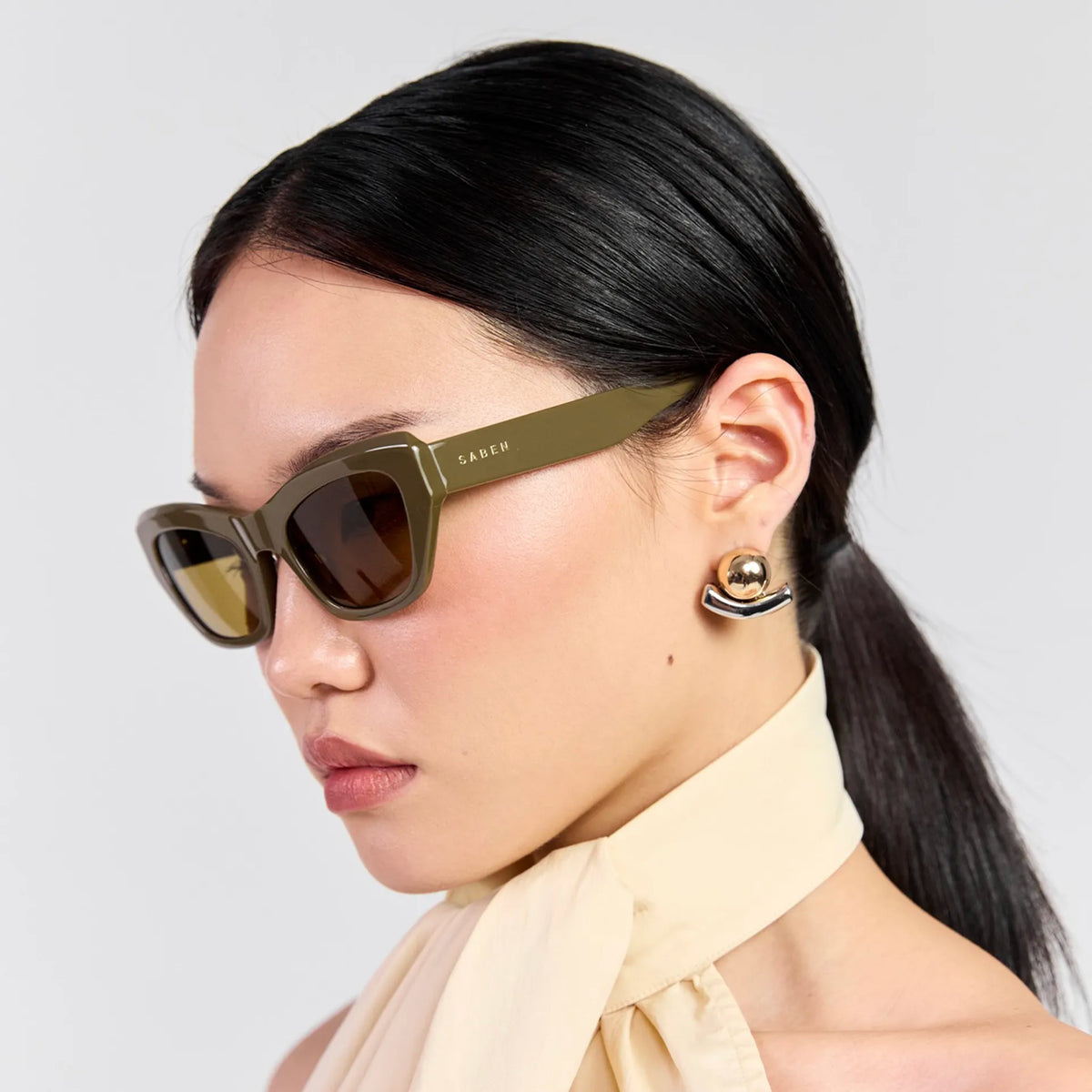 Saben Eyewear Cara Sunglasses in Olive - angular rectangular acetate frames with brown lenses
