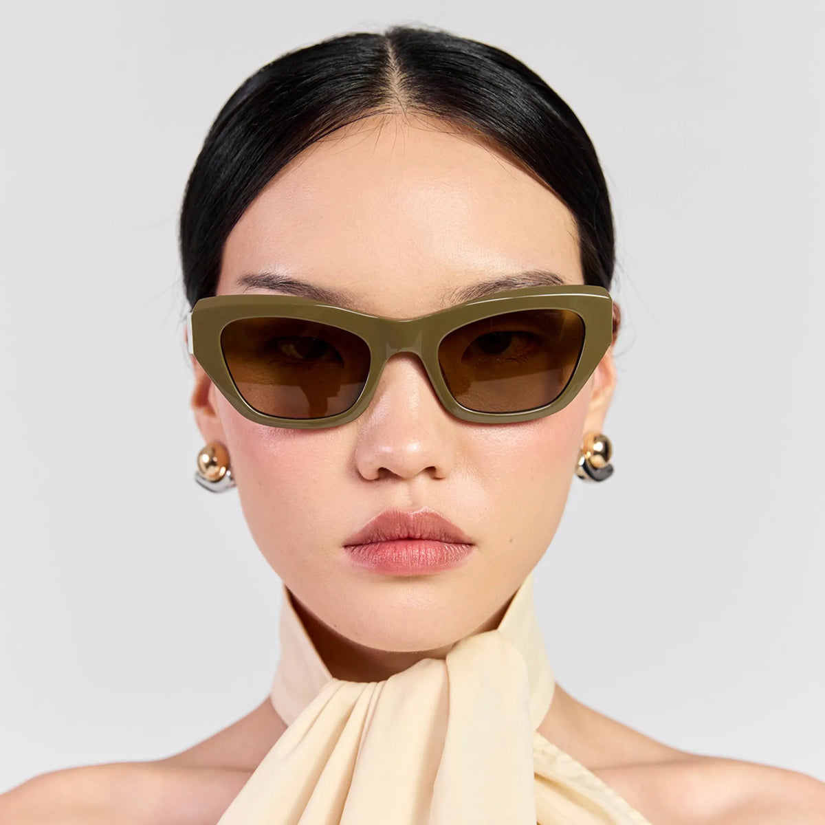 Saben Eyewear Cara Sunglasses in Olive - angular rectangular acetate frames with brown lenses