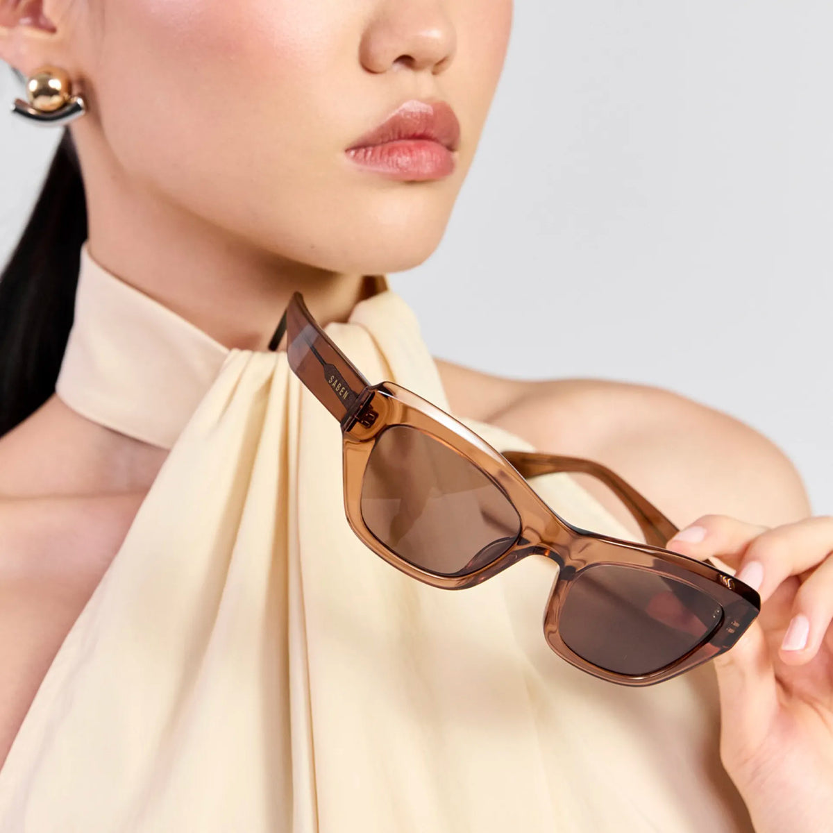 Saben Eyewear Cara Sunglasses in Sheer Brown - angular rectangular acetate frames with brown lenses