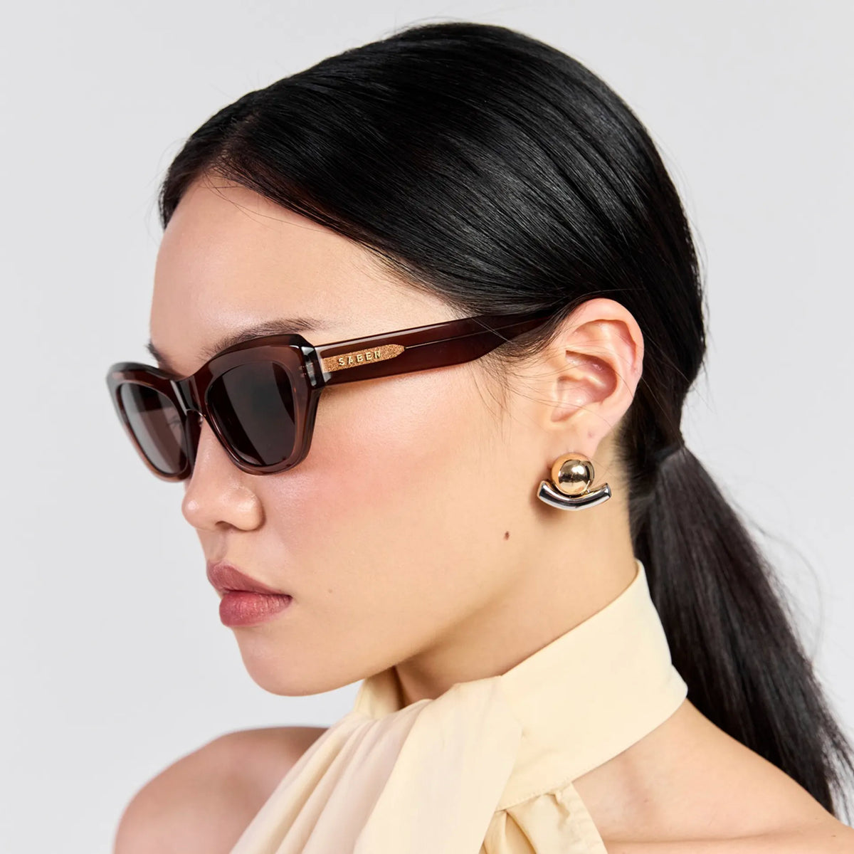 Saben Eyewear Cara Sunglasses in Sheer Brown - angular rectangular acetate frames with brown lenses