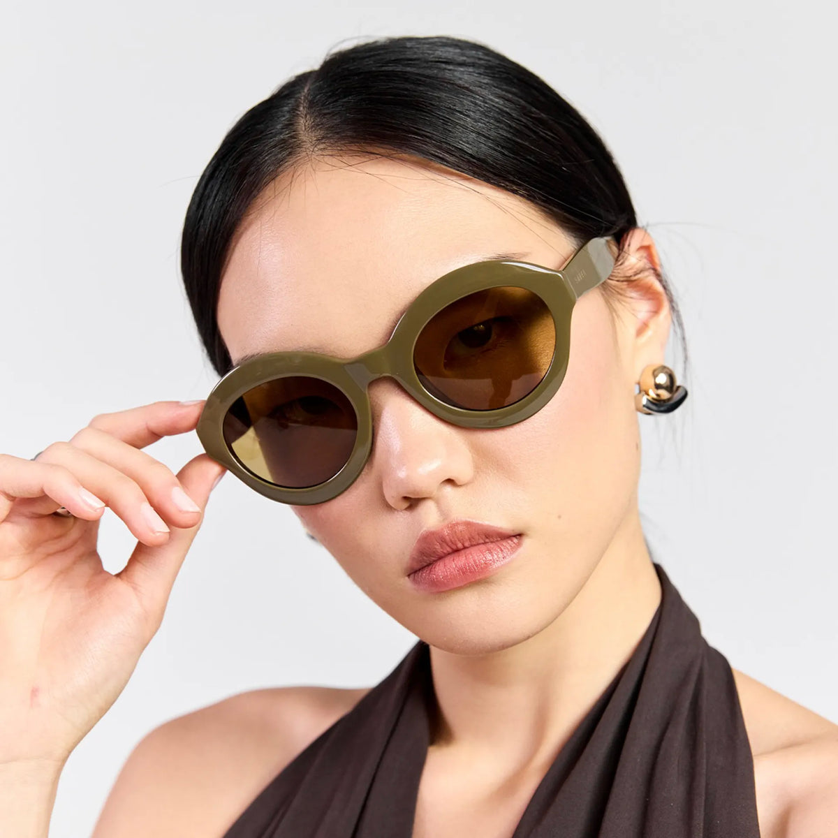 Saben Eyewear Cosmo Sunglasses in Olive - angular cat-eye acetate frames with olive lenses