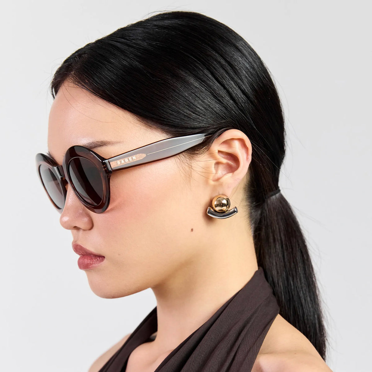 Saben Eyewear Cosmo Sunglasses in Sheer Brown - angular cat-eye acetate frames with brown lenses
