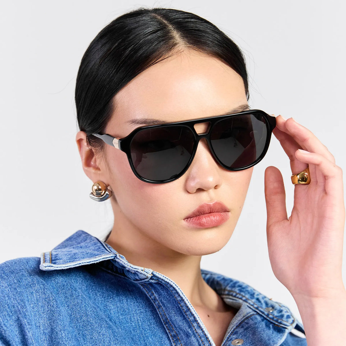 Saben Eyewear Marlo Sunglasses in Black - aviator-style acetate frames with a top bar and dark lenses